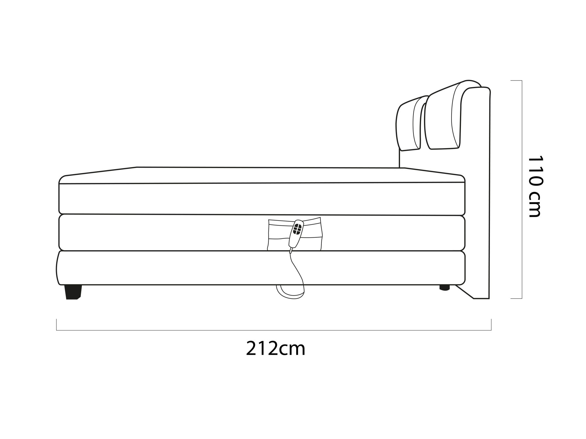 Boční nákres postele Wavero – délka 212 cm, výška s čelem 110 cm