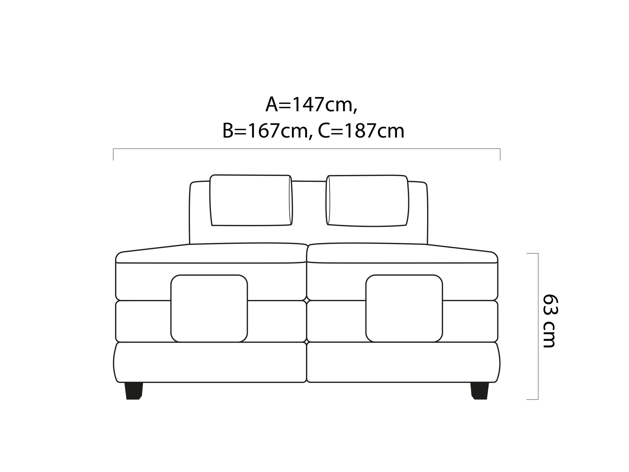Rozměrový nákres postele Wavero zepředu – šířka 147, 167 nebo 187 cm, výška 63 cm