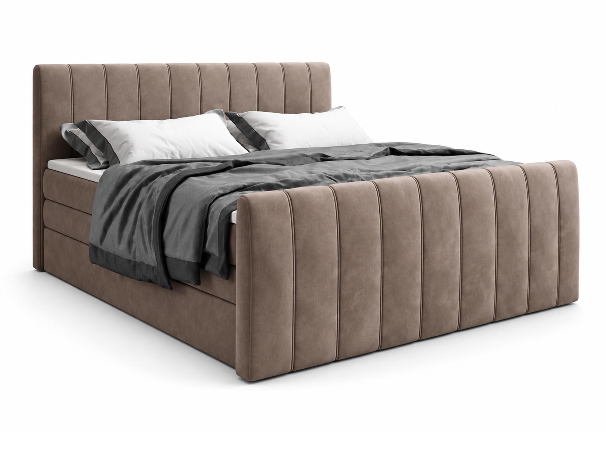 Boxspringbett Carvella mit Bettkasten, vertikal gestepptem Kopf- und Fußteil vor weißem Hintergrund