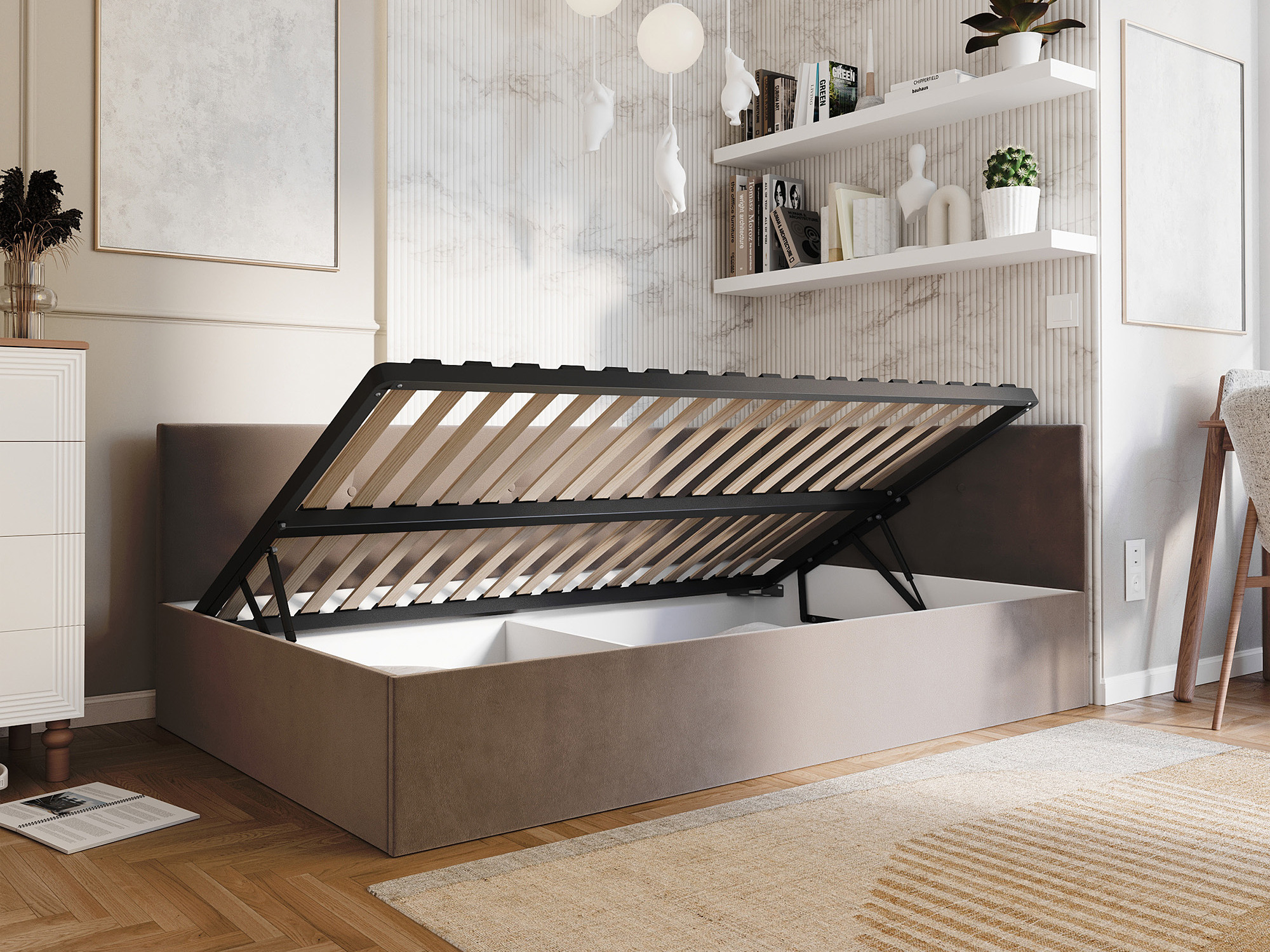 Gepolstertes Jugendbett mit Bettkasten Elvario – geöffneter Bettkasten, Stoff Paris in Mausgrau