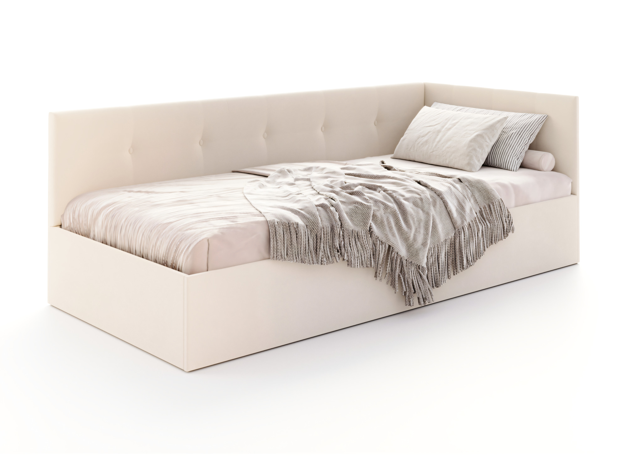 Gepolstertes Jugendbett mit Bettkasten Elvario – Stoff Paris in Creme auf weißem Hintergrund