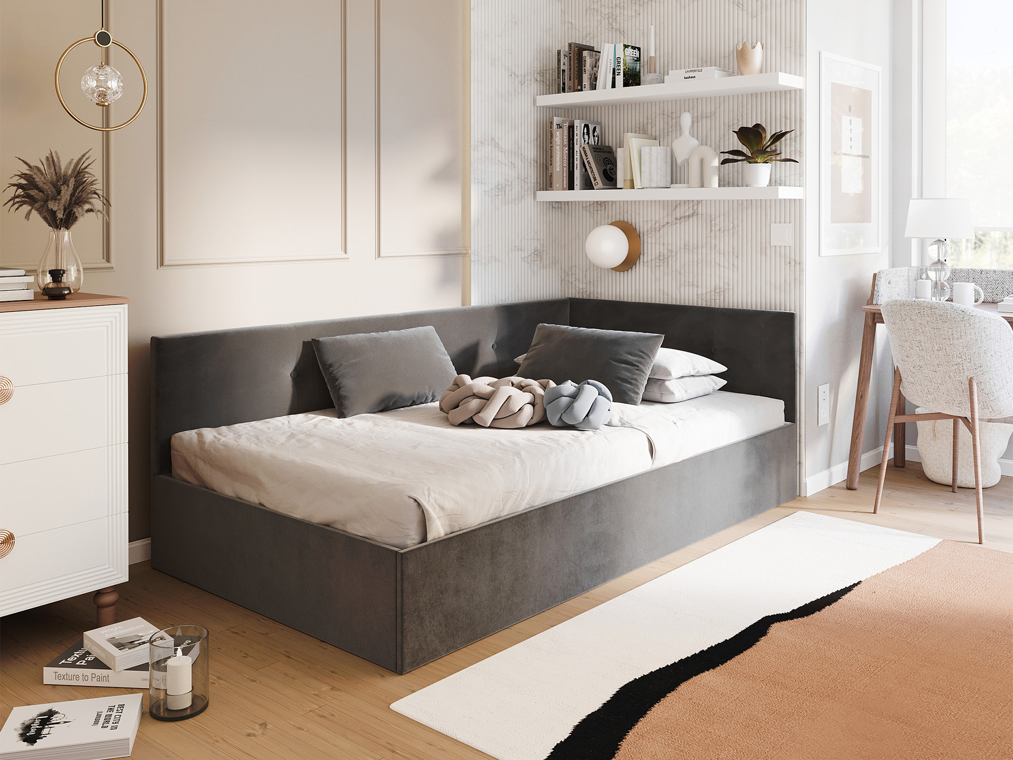 Gepolstertes Jugendbett mit Bettkasten Elvario – im Jugendzimmer, Stoff Paris in Anthrazit