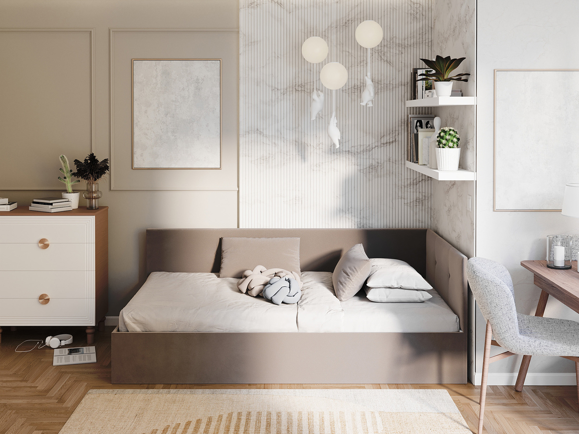 Gepolstertes Jugendbett mit Bettkasten Elvario – im Zimmer, Stoff Paris in Mausgrau