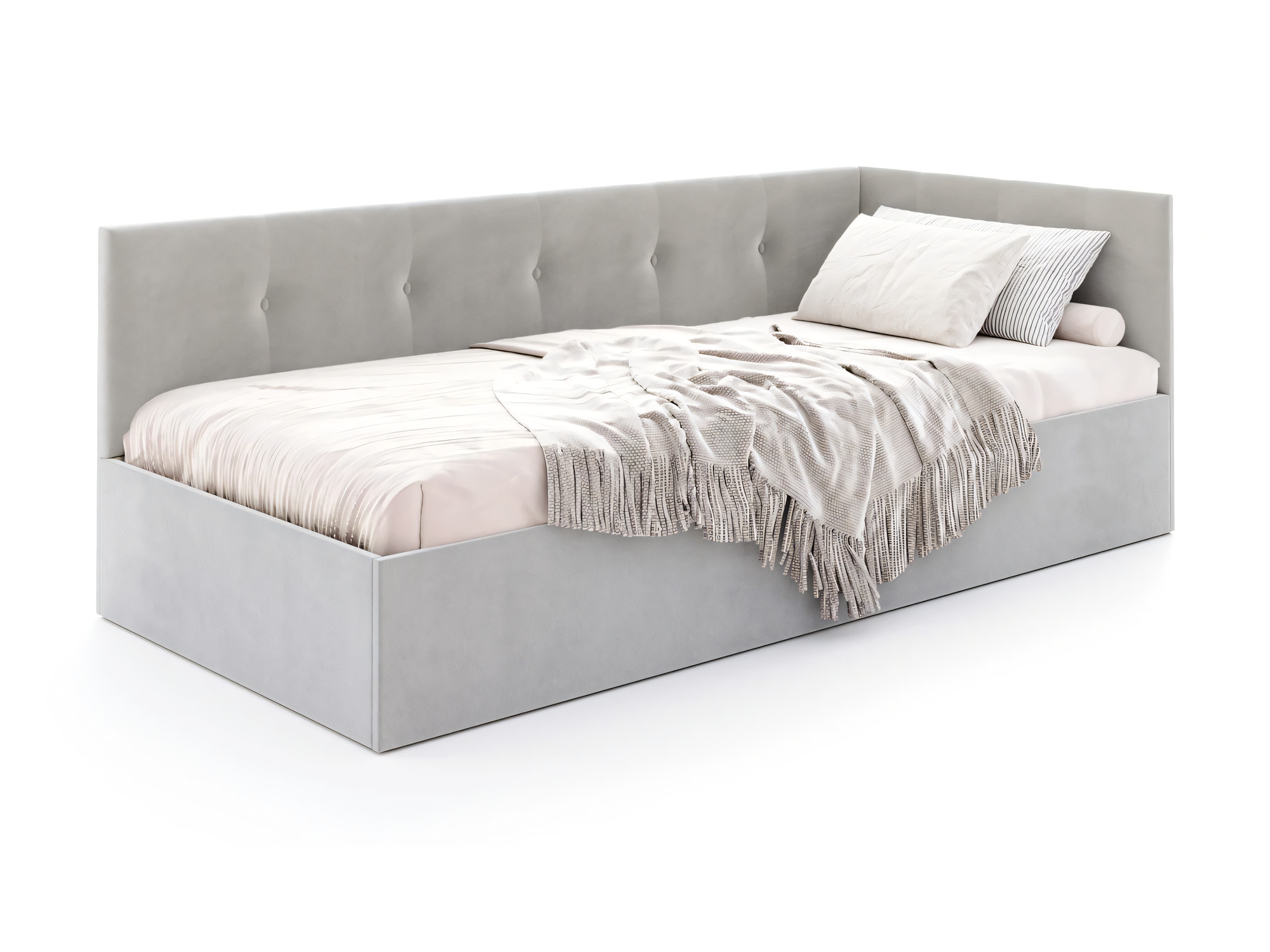 Gepolstertes Jugendbett mit Bettkasten Elvario – Velours in Grau auf weißem Hintergrund