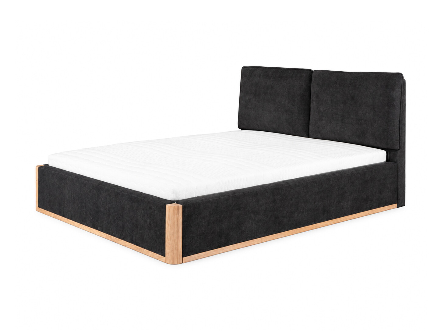Polsterbett Ravella Plus – Schrägansicht mit Kopfteil und Holzelementen