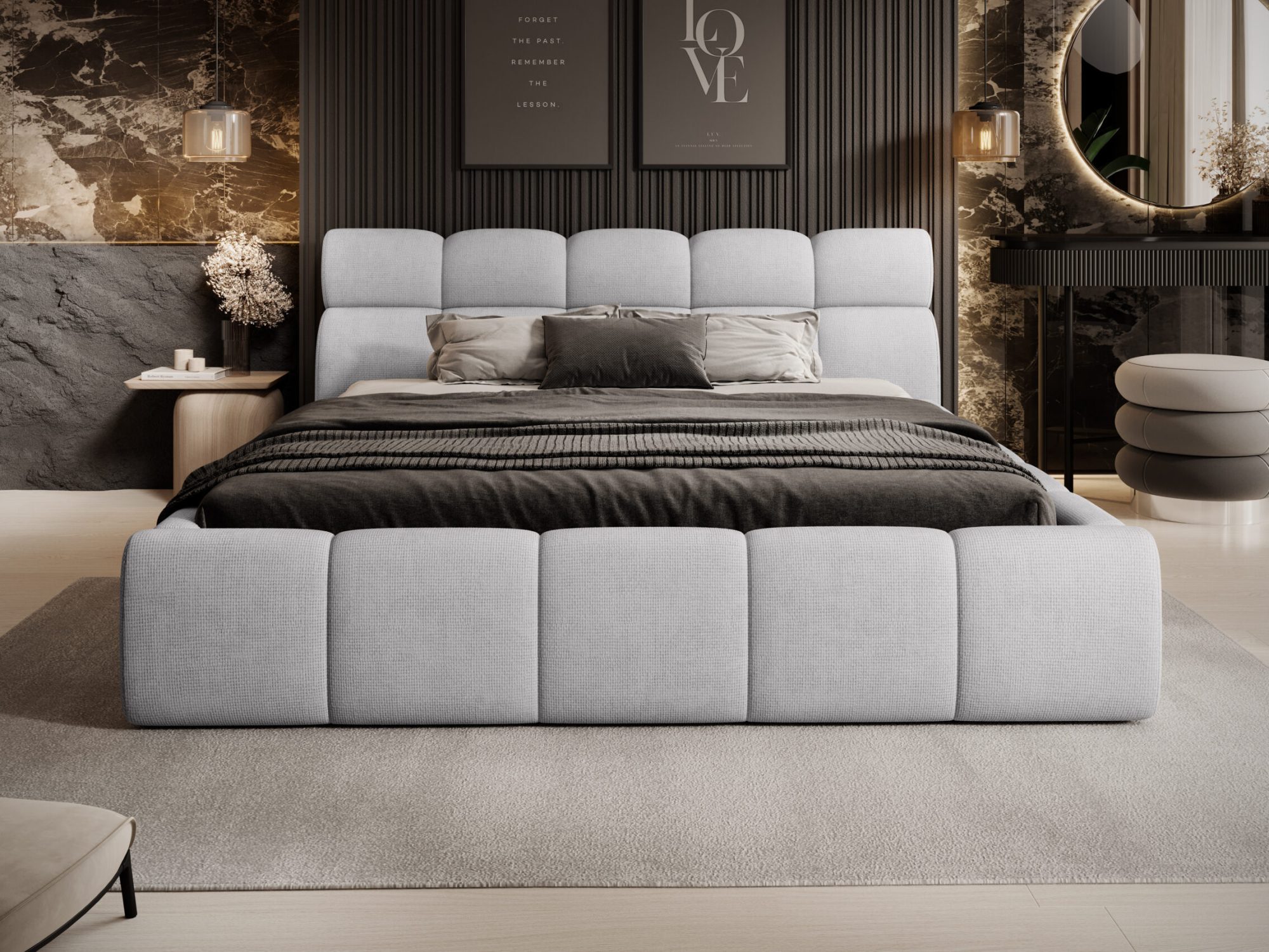 Bett Aurevia frontal im Schlafzimmer mit dunkler Lamellenwand