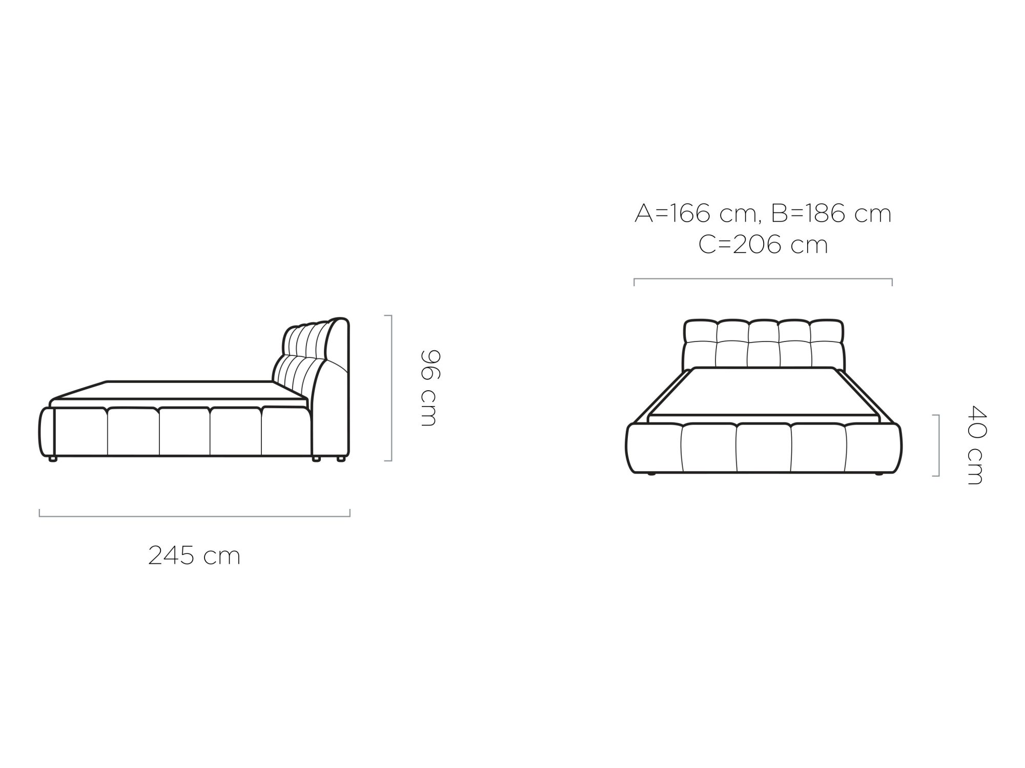 Maßzeichnung des Bettes Aurevia in den Breiten 140, 160 und 180 cm