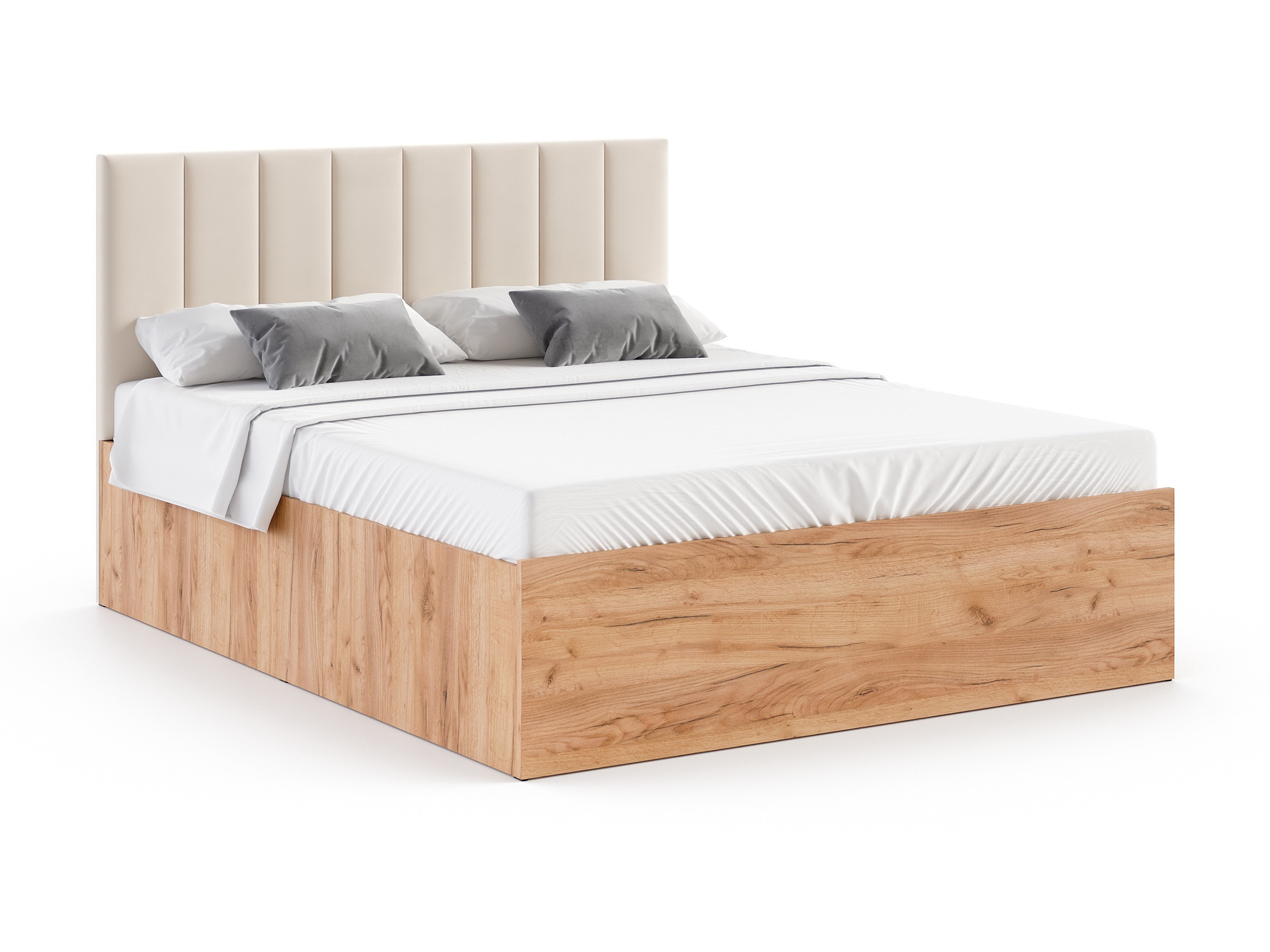 Polsterbett Grenniva mit Bettkasten – Korpus Craft-Eiche, Stoff Paris in Creme, vor weißem Hintergrund