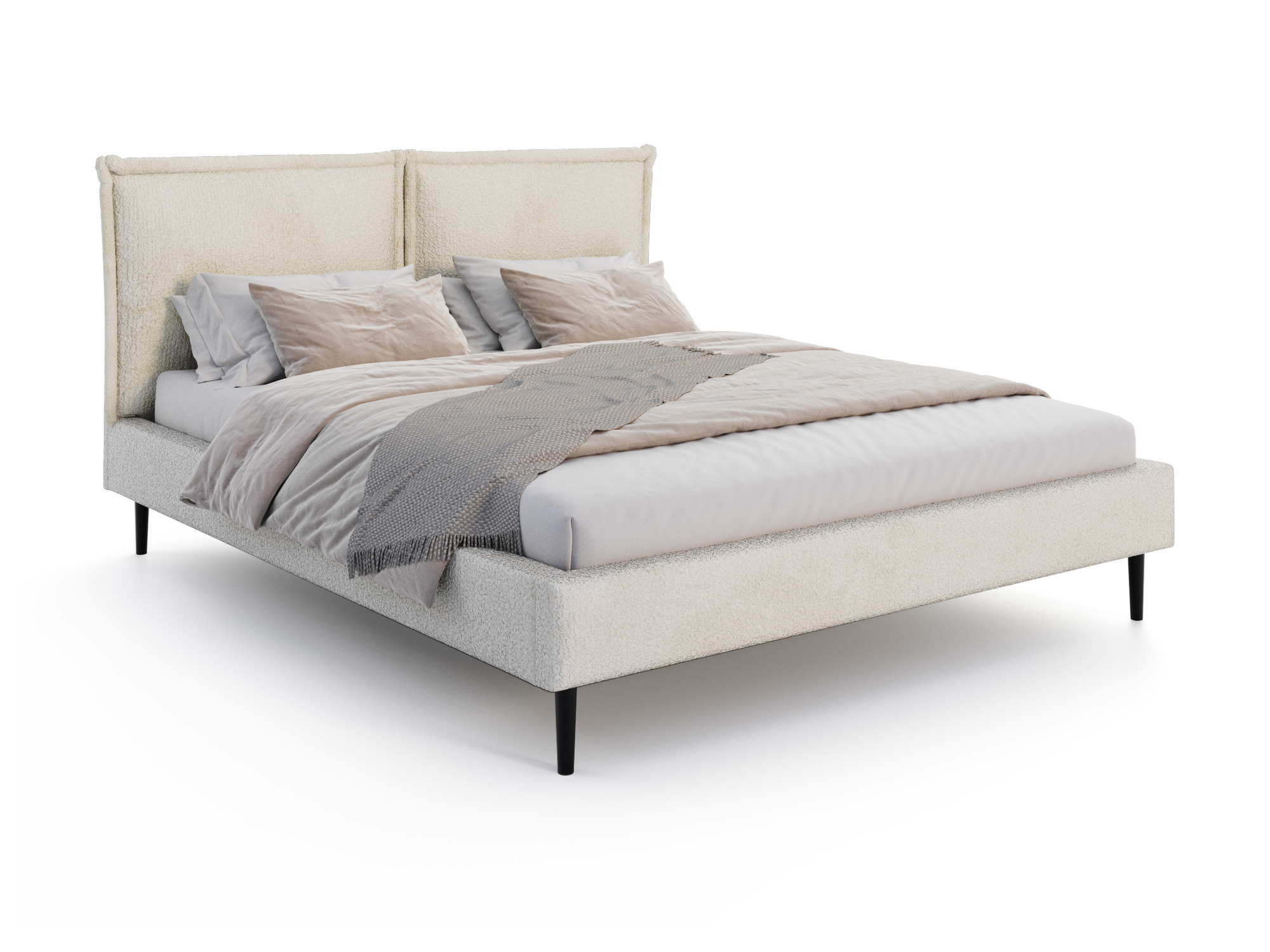 Polsterbett mit Kopfteil Sovira – Stoff Cleo in Creme vor weißem Hintergrund