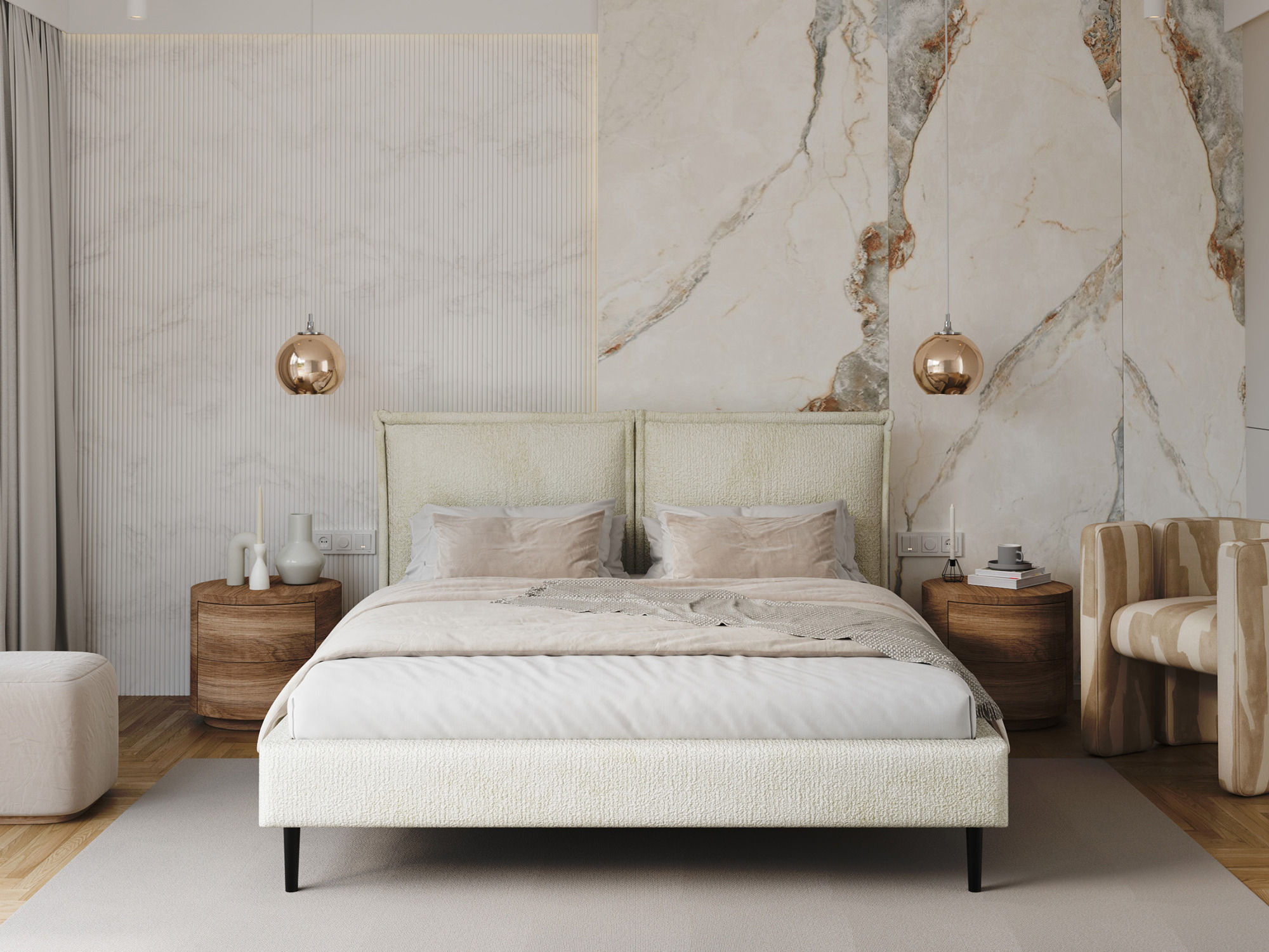 Polsterbett mit Kopfteil Sovira – im Schlafzimmer, Stoff Cleo in Creme, Frontansicht