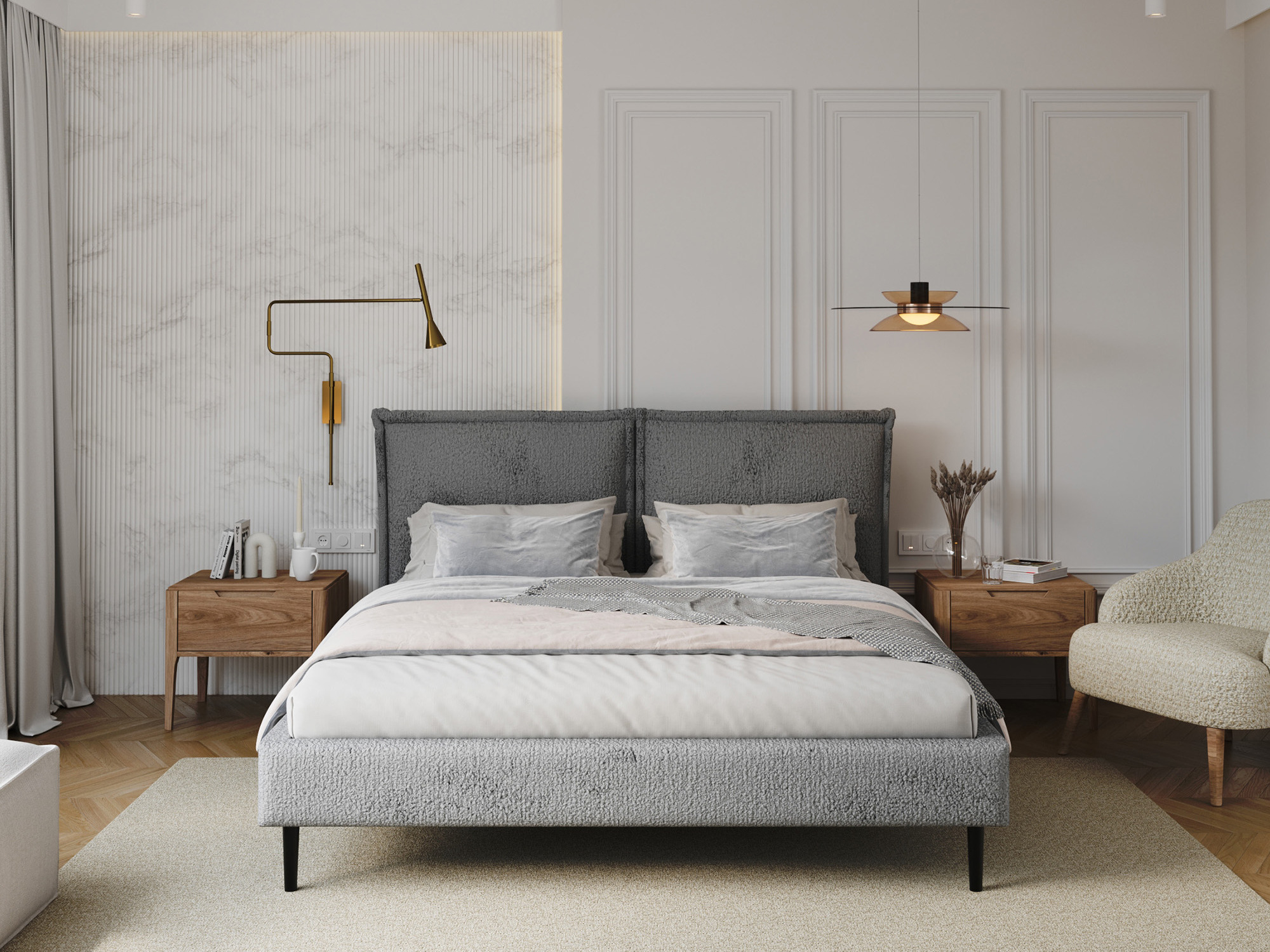 Polsterbett mit Kopfteil Sovira – im Schlafzimmer, Stoff Cleo in Grau