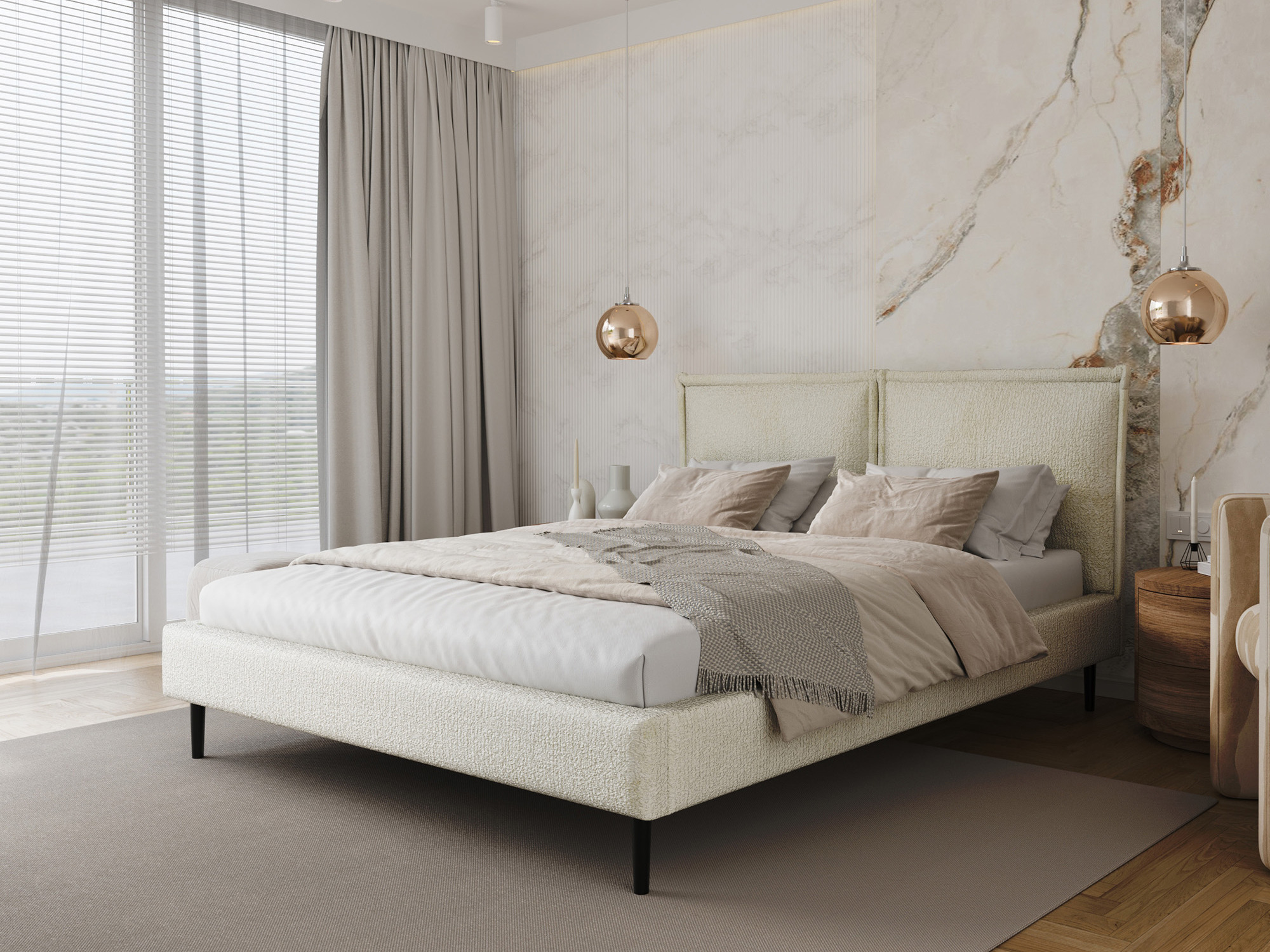 Polsterbett mit Kopfteil Sovira – im Schlafzimmer, Schrägansicht