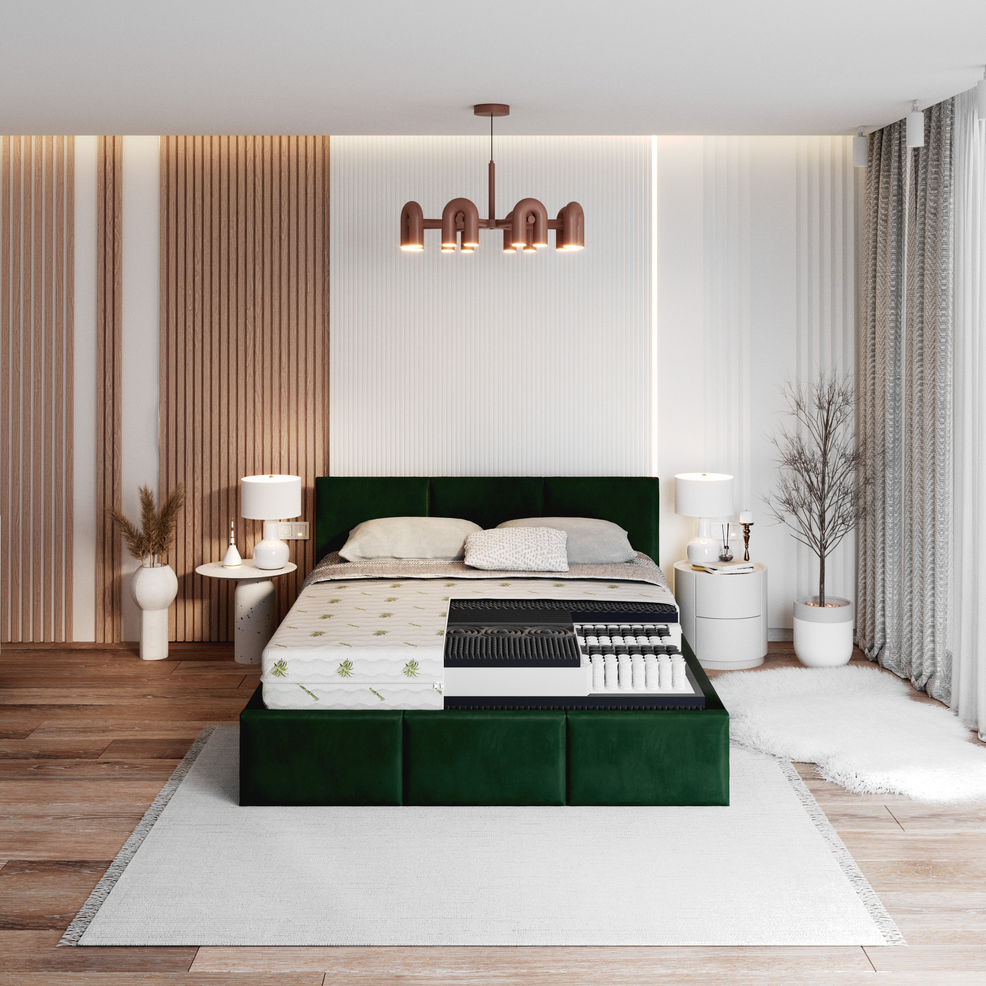 Hohe Taschenfederkernmatratze RINO MAX – Querschnitt im Schlafzimmer-Ambiente
