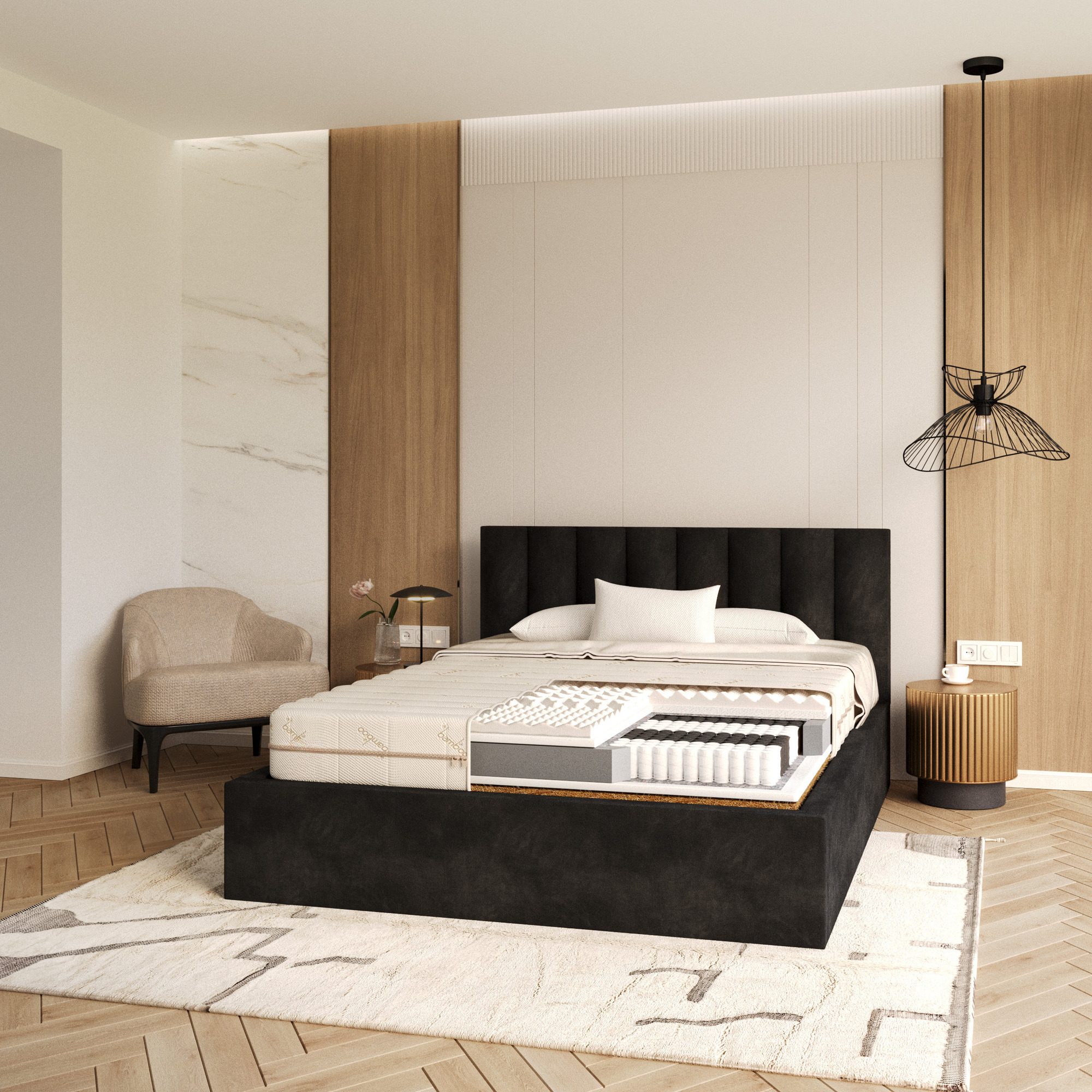 Taschenfederkernmatratze mit Latex ALBENO – auf dem Bett im Schlafzimmer arrangiert
