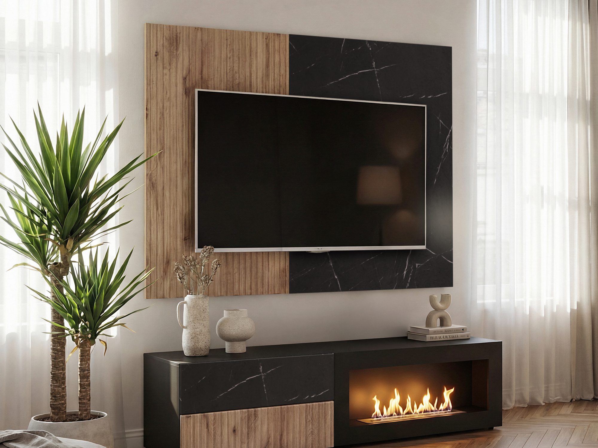 Wohnwand Edorino 160 cm mit Wandpaneel und Bio-Kamin