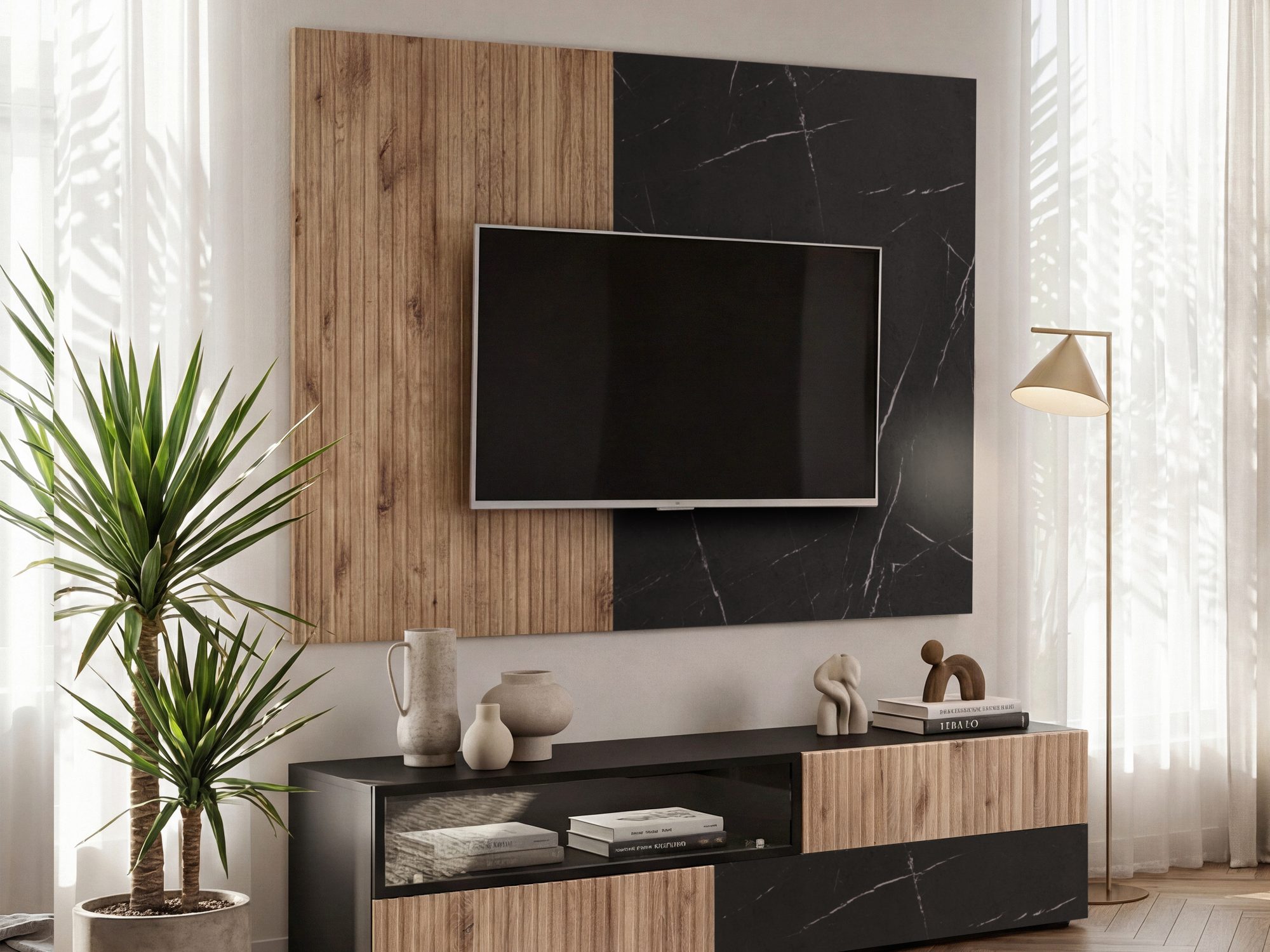 Wohnwand Edorino 160 cm mit Wandpaneel und TV-Lowboard