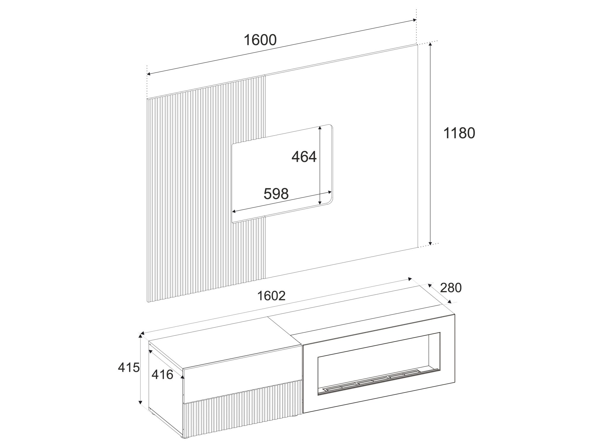 Maße der Wohnwand Edorino 160 cm mit Bio-Kamin