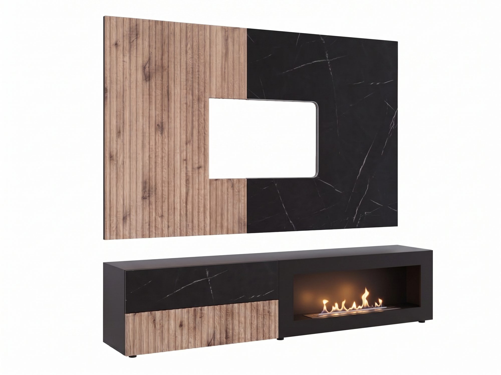 Wohnwand Edorino mit Wandpaneel und TV-Lowboard mit Bio-Kamin