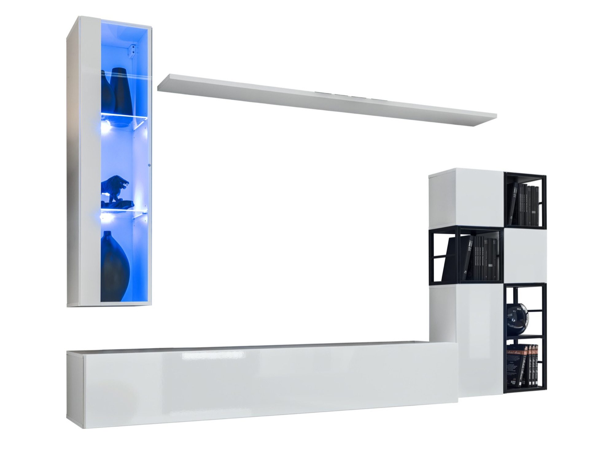 Wohnwand Kelmoro 250 cm mit 2 Metallregalen und LED-Vitrine – weißer Modulschrank mit offenen Fächern