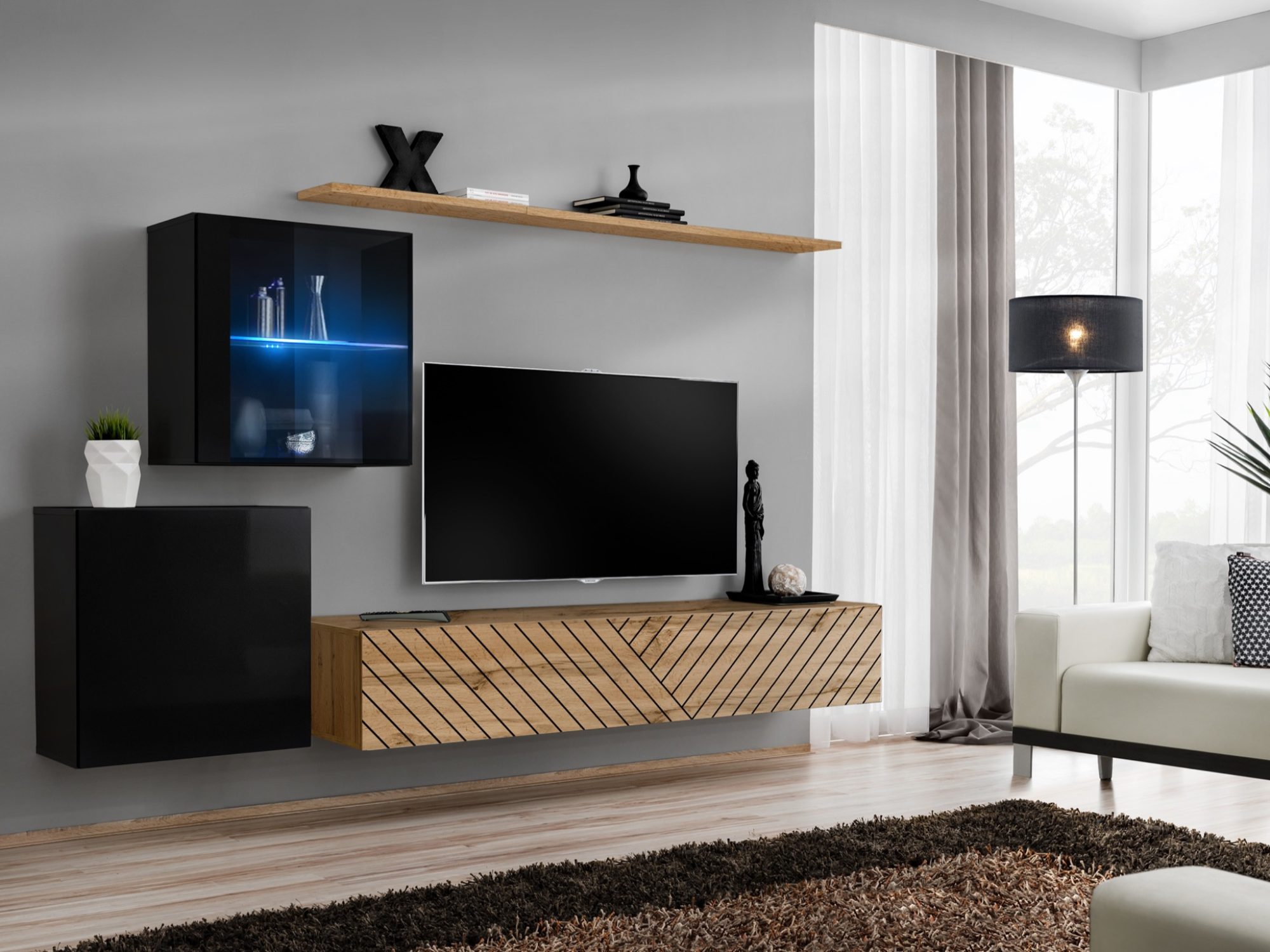 Wohnwand Kelmoro 260 cm mit geriffelten Fronten und Vitrine