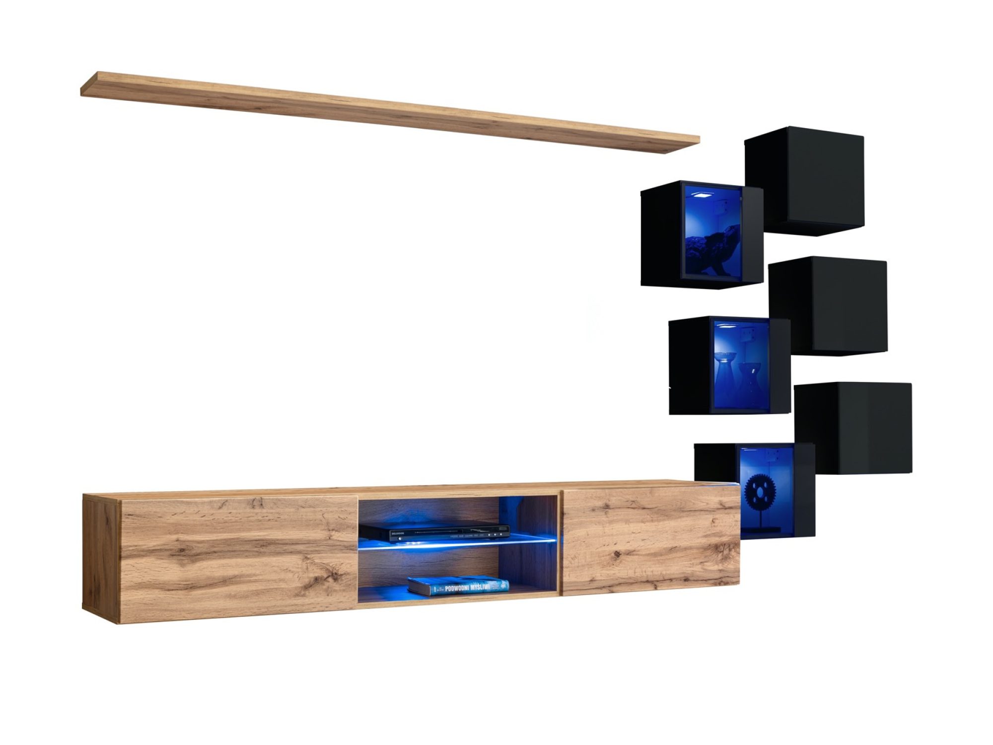 Wohnwand Kelmoro 260 cm mit Vitrinen und LED auf weißem Hintergrund