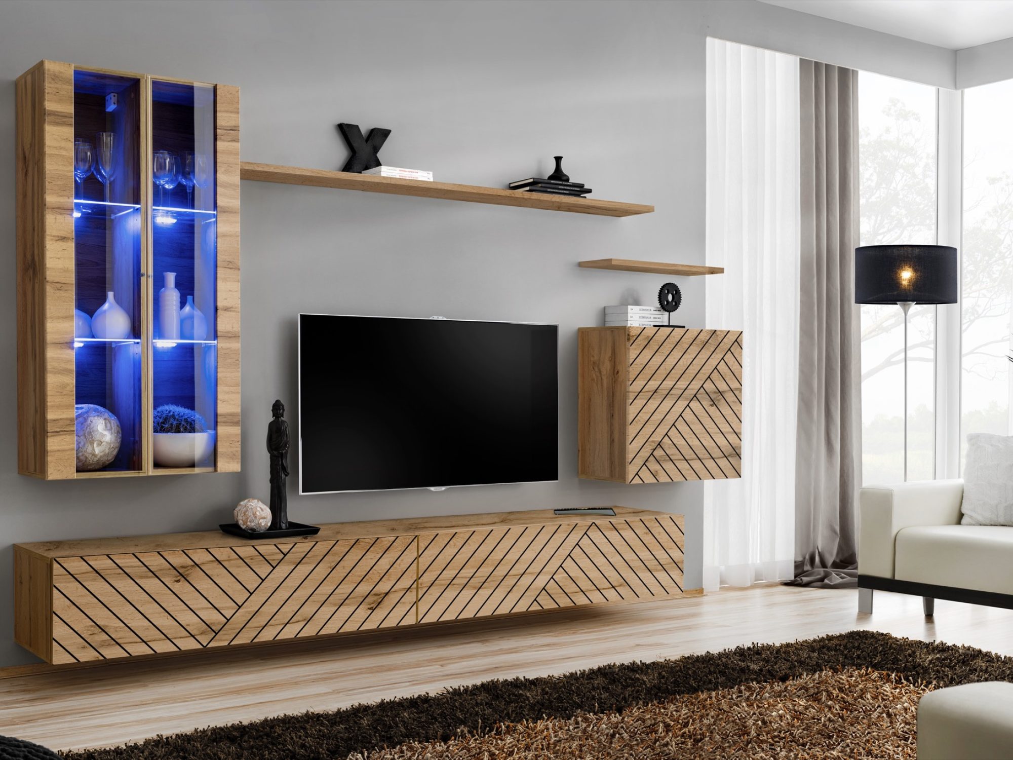 Wohnwand Kelmoro 270 cm mit geriffelten Fronten, Vitrinen und 2 TV-Boards im Wohnzimmer