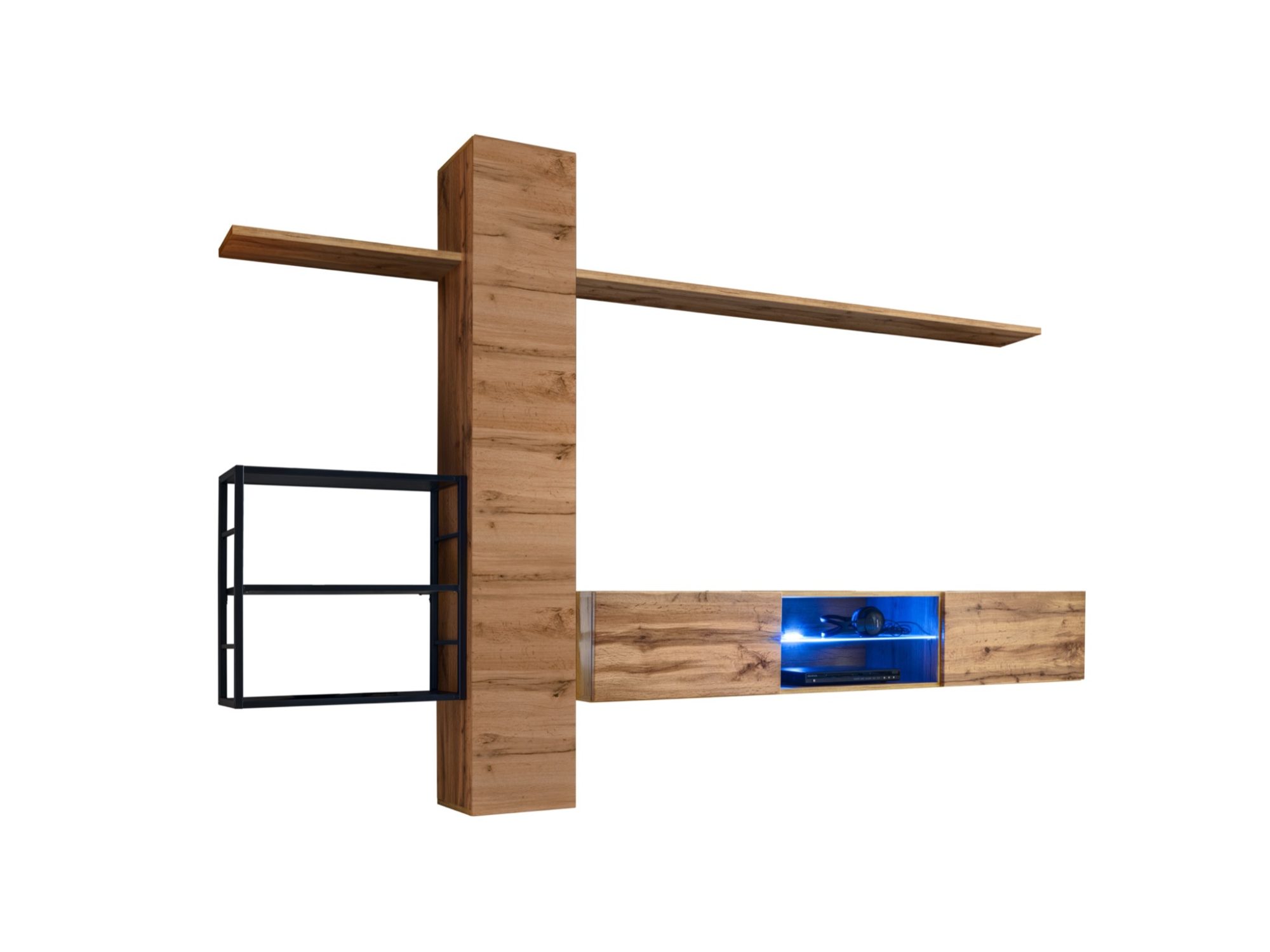 Wohnwand Kelmoro 270 cm in Wotan Eiche mit Hochschrank, Regal und LED