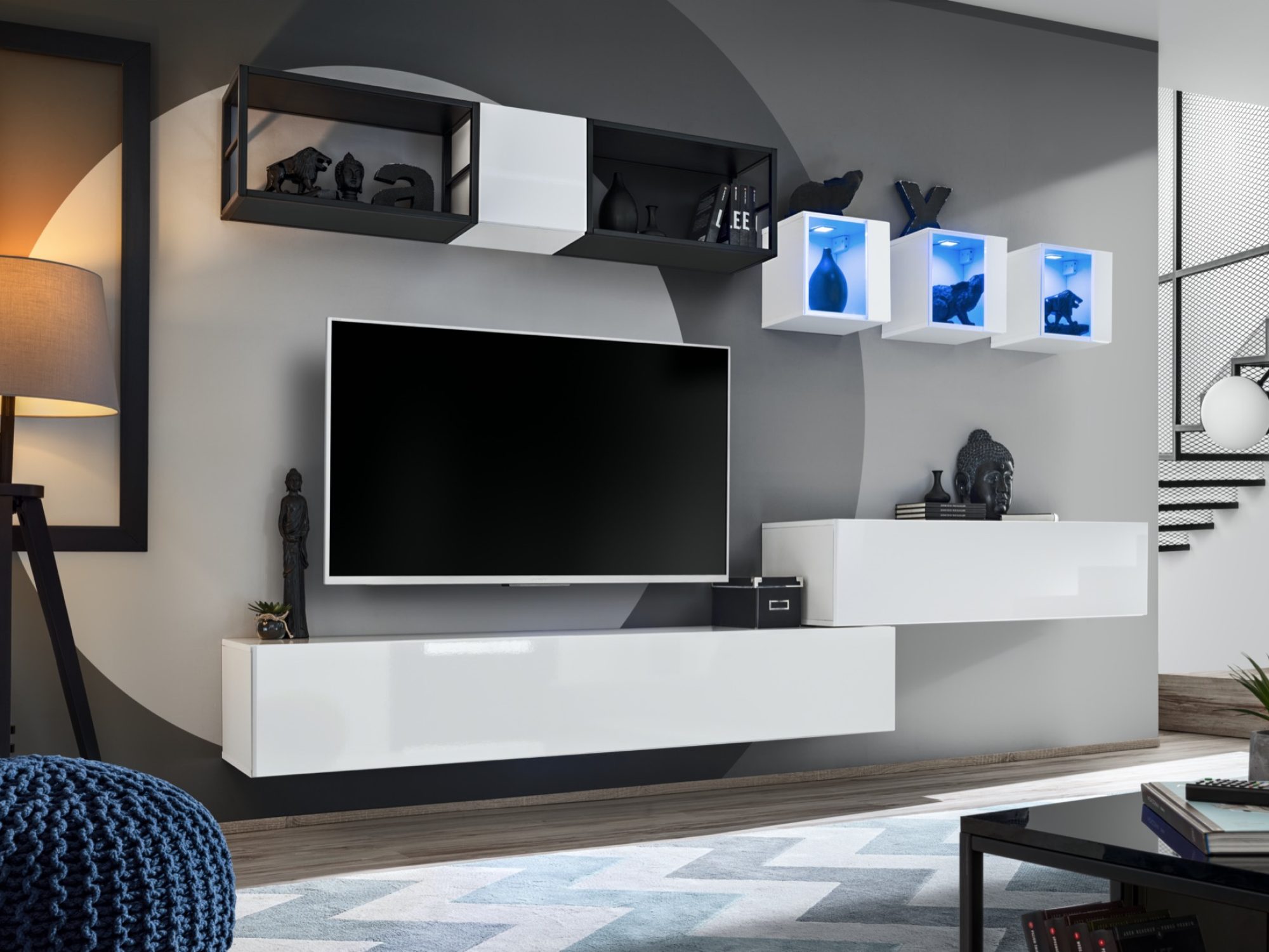 Wohnwand Kelmoro 280 cm mit 2 Metallregalen und 3 LED-Vitrinen