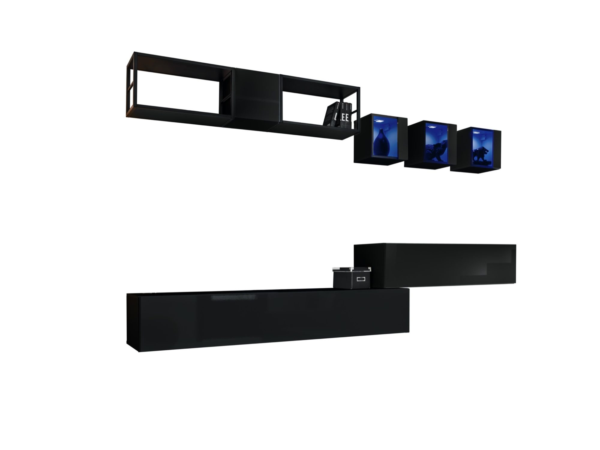 Wohnwand Kelmoro 280 cm mit 2 Metallregalen und 3 LED-Vitrinen
