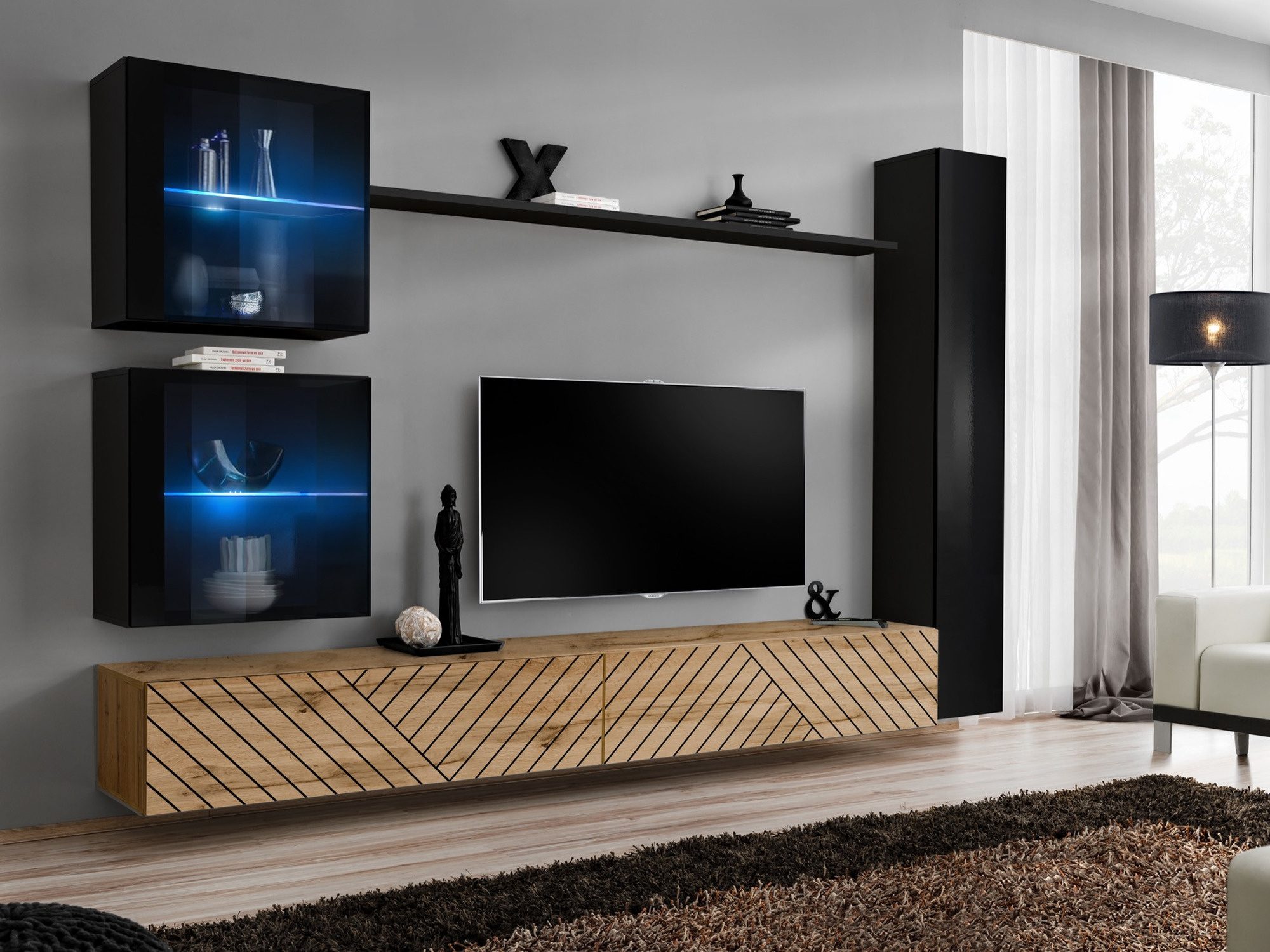 Obývací stěna Kelmoro 280 cm s drážkovanými čely, vitrínami a vysokou skříňkou – dřevěný TV stolek s LED a skříňkami