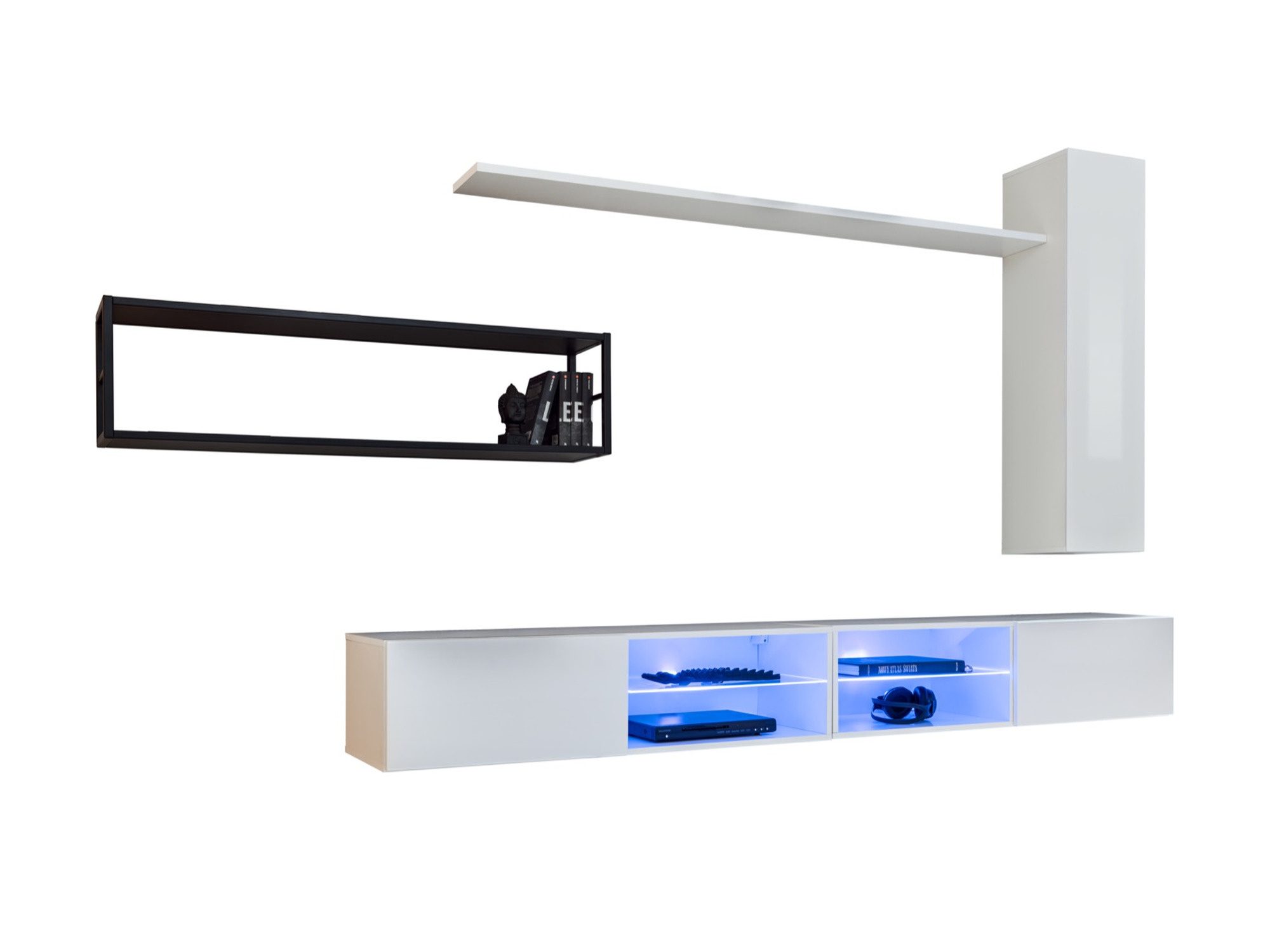 Wohnwand Kelmoro 300 cm mit Metallregal und 2 TV-Lowboards – Hängeschrank mit LED in Weiß, Wandregale