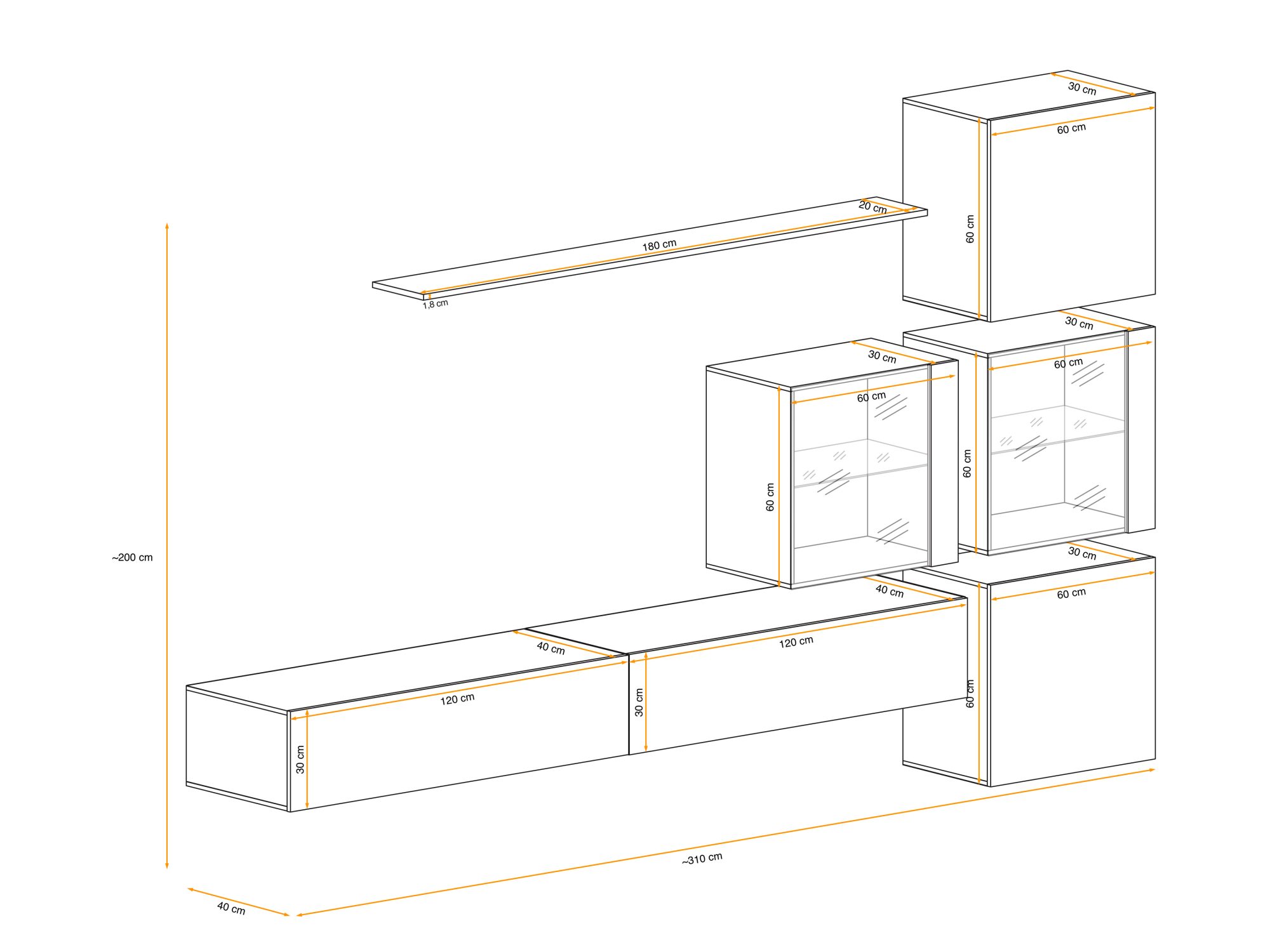Obývací stěna Kelmoro 310 cm se 2 LED vitrínami a 2 TV stolky – nákres s rozměry, pohled 2