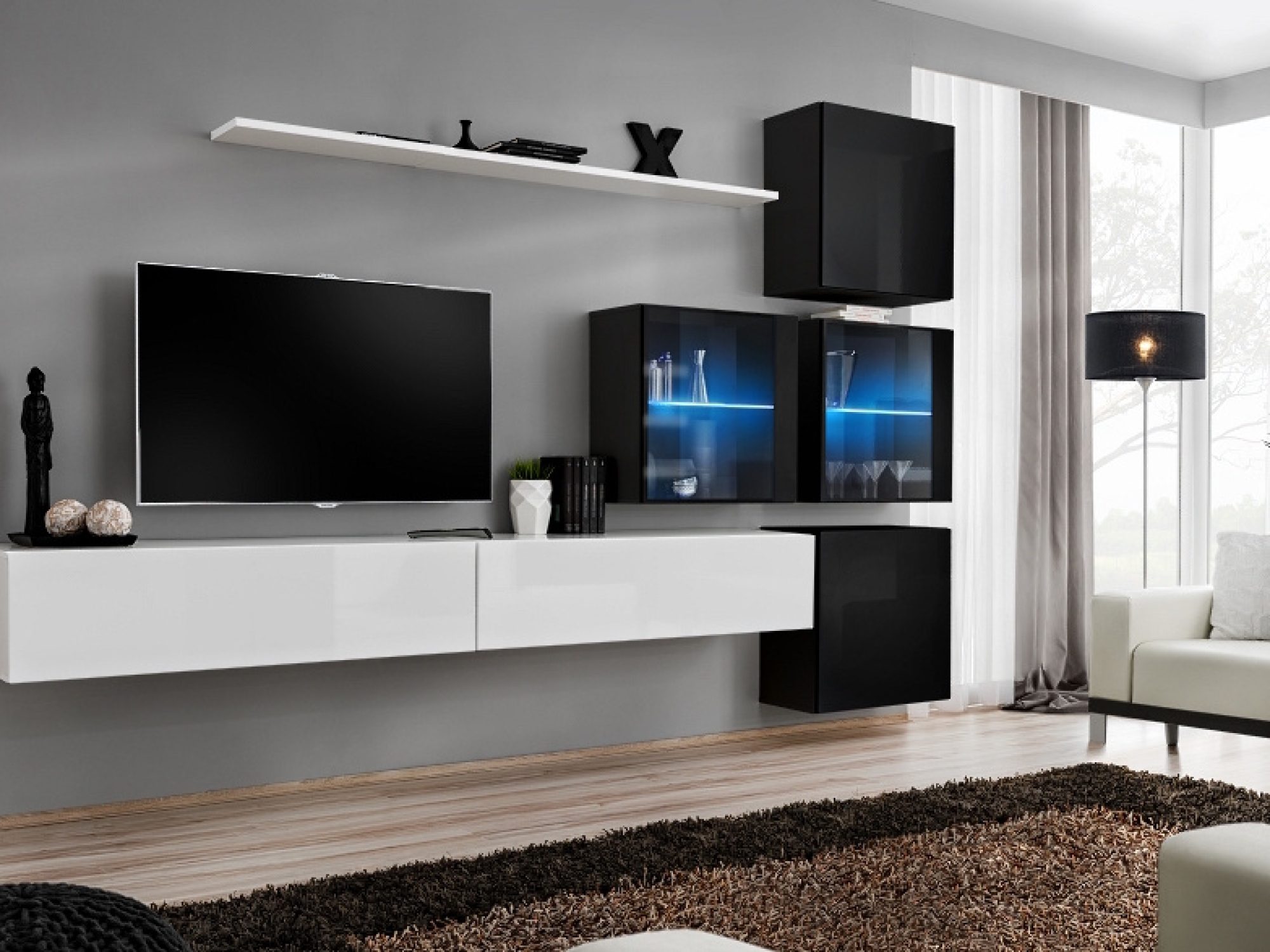 Obývací stěna Kelmoro 310 cm se 2 LED vitrínami a 2 TV stolky