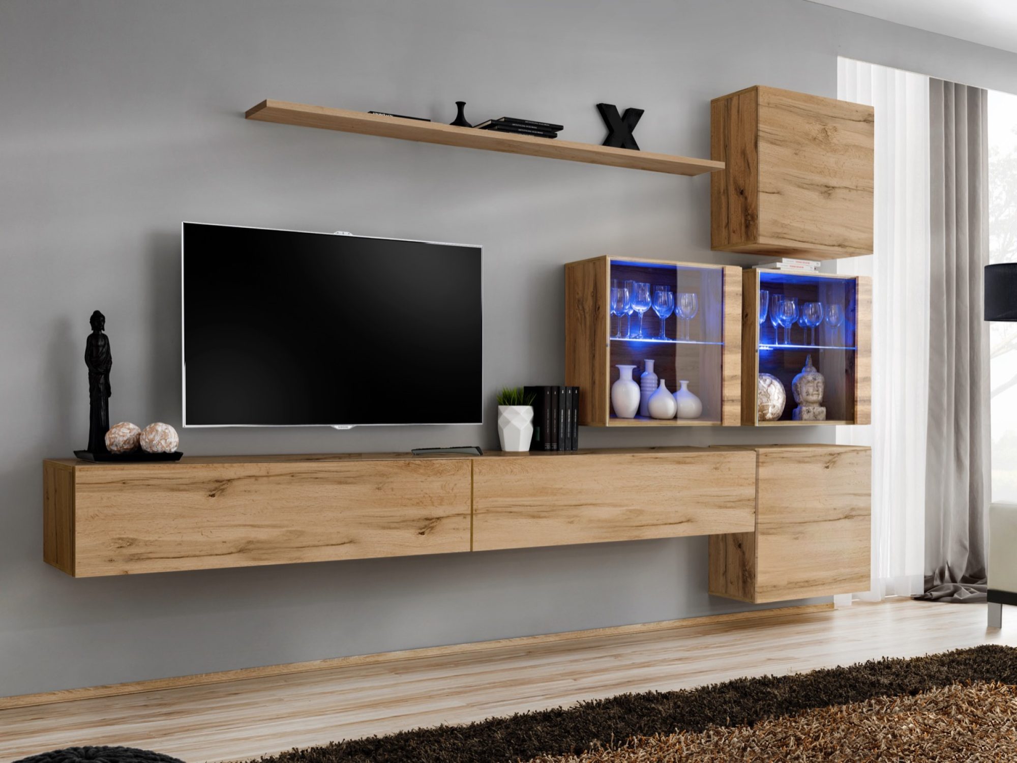 Obývací stěna Kelmoro 310 cm se 2 LED vitrínami a 2 TV stolky