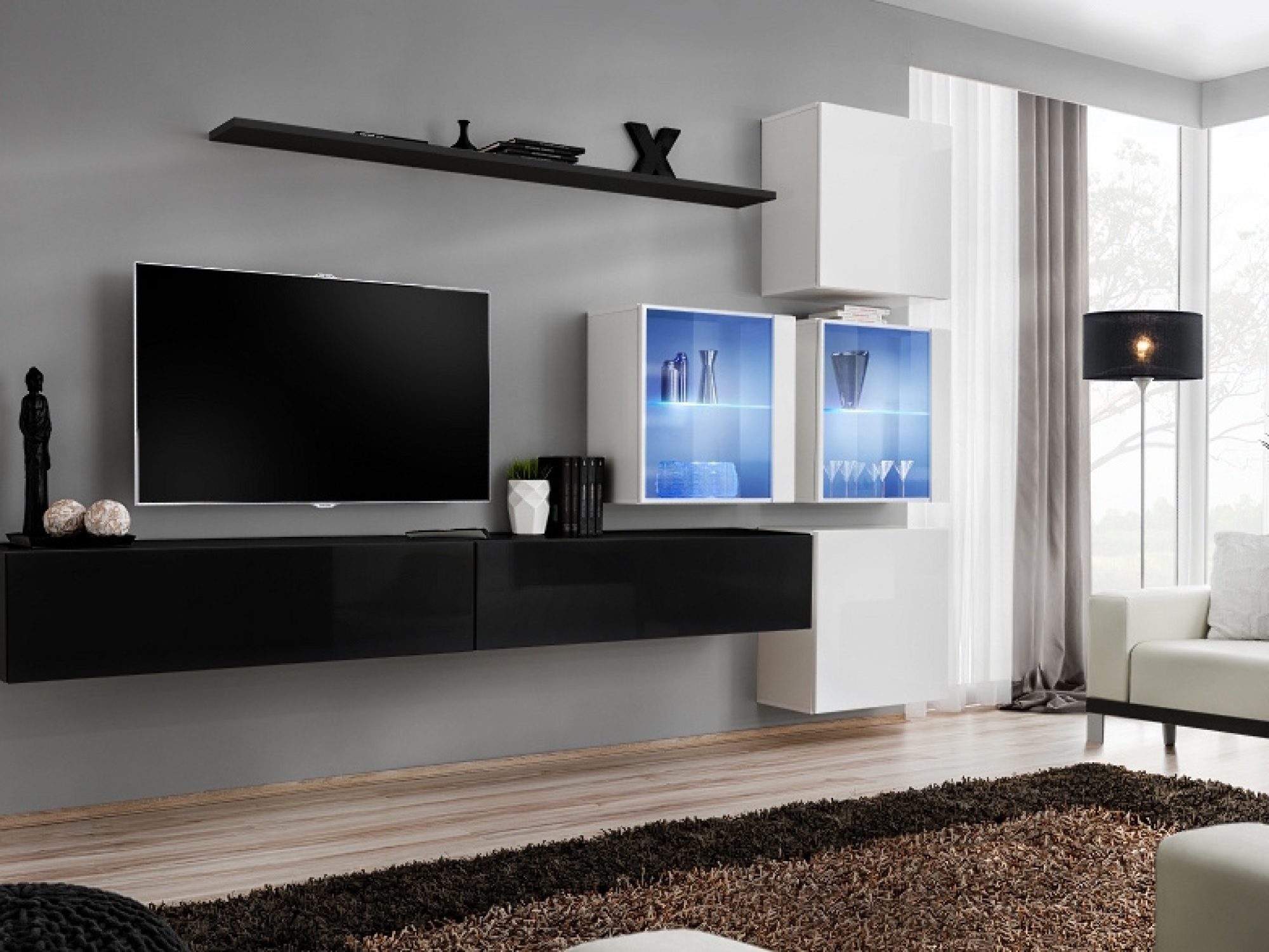 Obývací stěna Kelmoro 310 cm se 2 LED vitrínami a 2 TV stolky