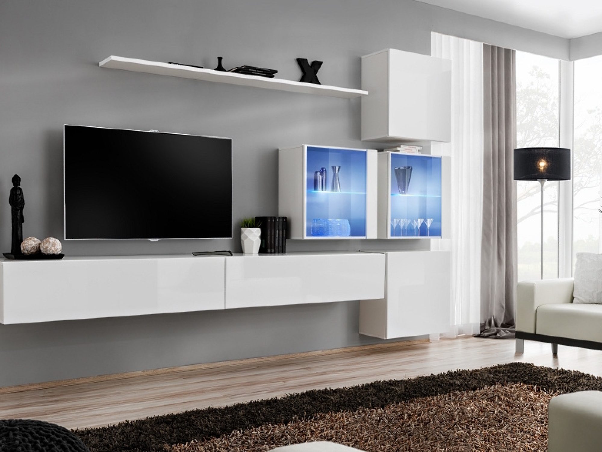 Obývací stěna Kelmoro 310 cm se 2 LED vitrínami a 2 TV stolky v interiéru obývacího pokoje