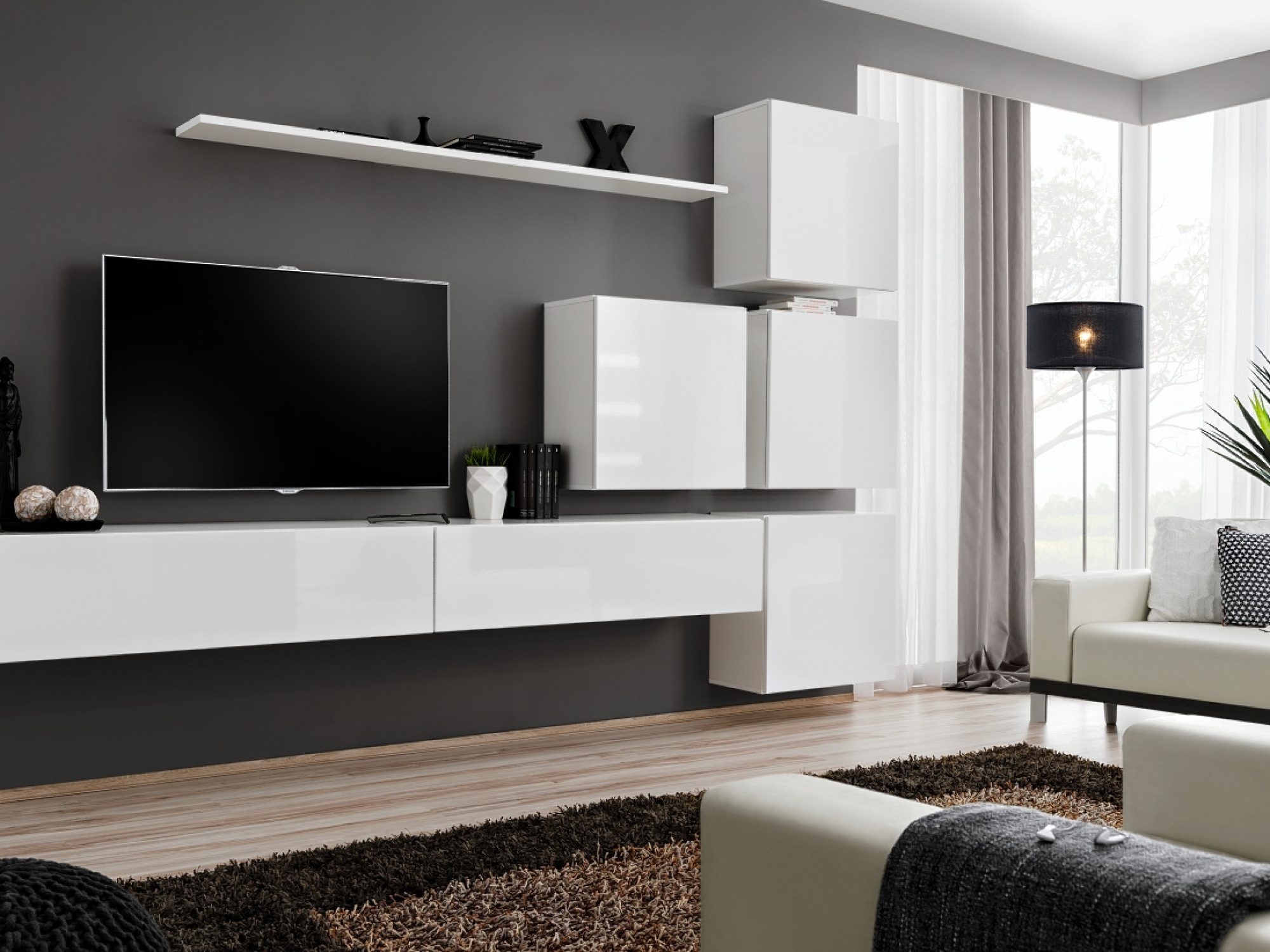 Wohnwand Kelmoro 310 cm mit 4 Schränken und 2 TV-Lowboards im Wohnzimmer