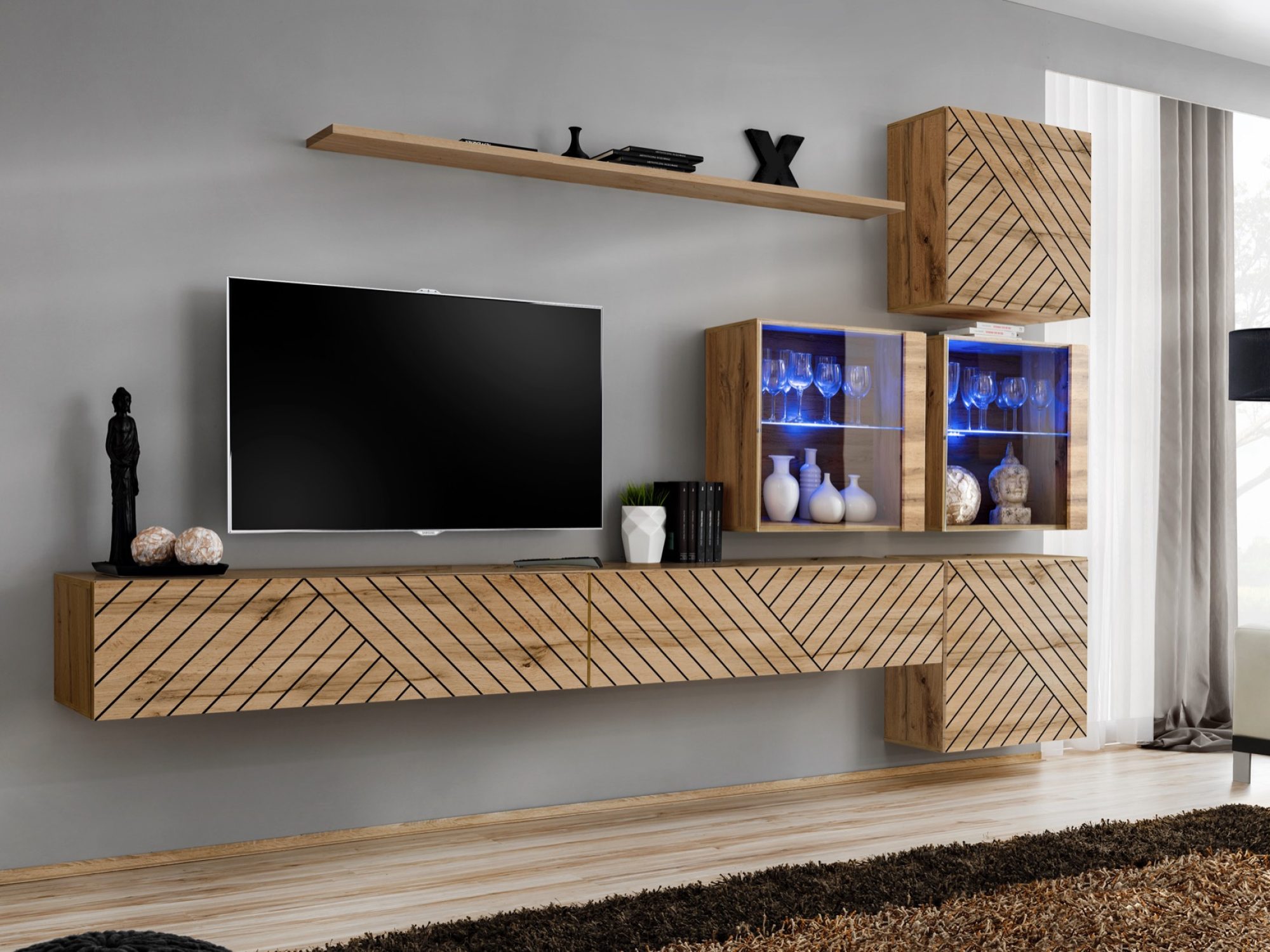 Wohnwand Kelmoro 310 cm mit geriffelten Fronten, 2 Vitrinen und 2 TV-Lowboards im Wohnzimmer
