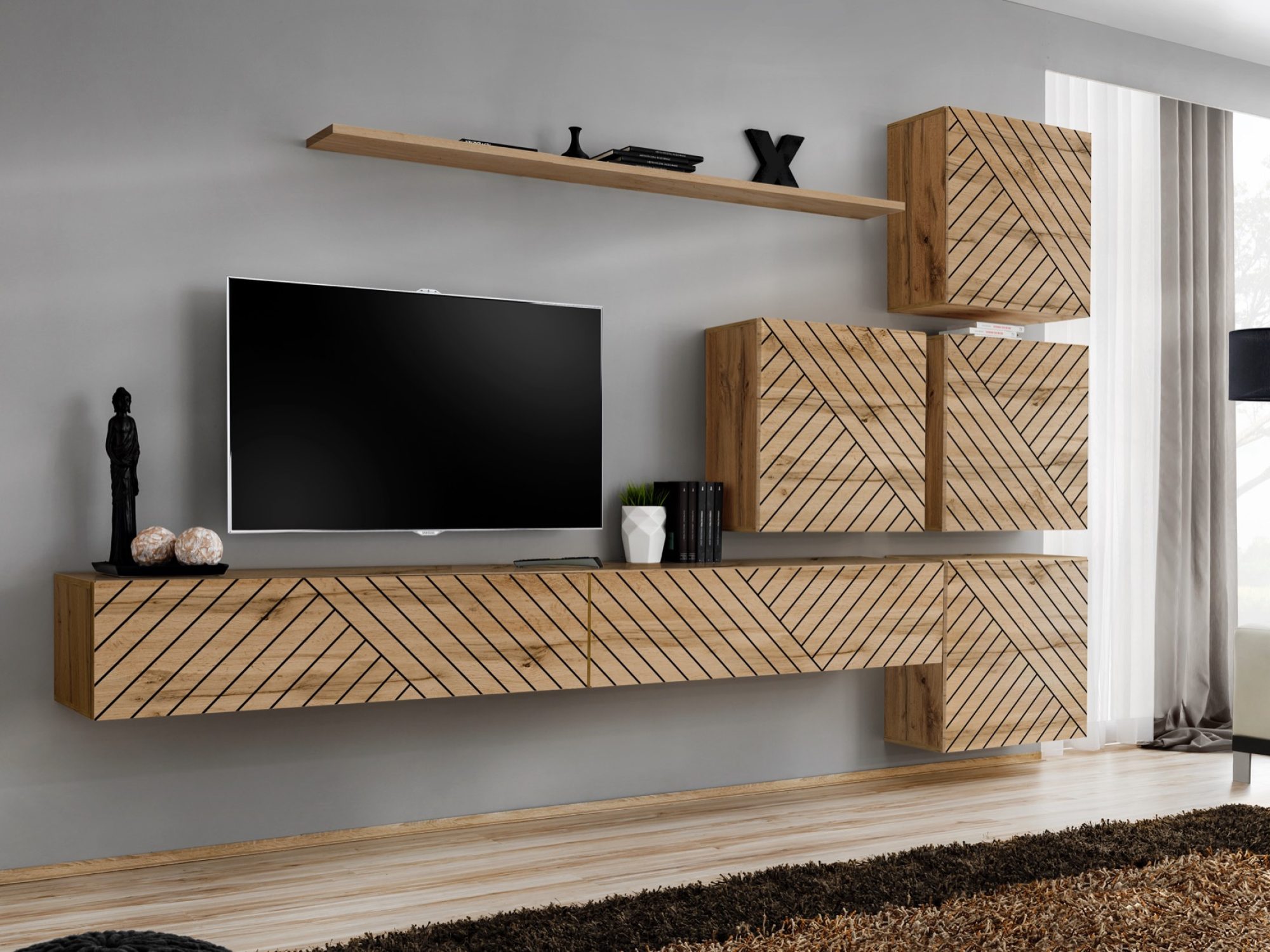 Wohnwand Kelmoro 310 cm mit geriffelten Fronten, 4 Schränken und 2 TV-Lowboards im Wohnzimmer