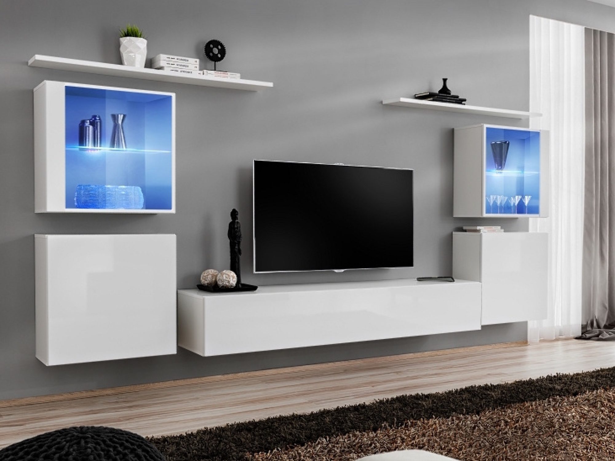 Wohnwand Kelmoro 320 cm mit 2 LED-Vitrinen und Schränken im Wohnzimmer-Ambiente
