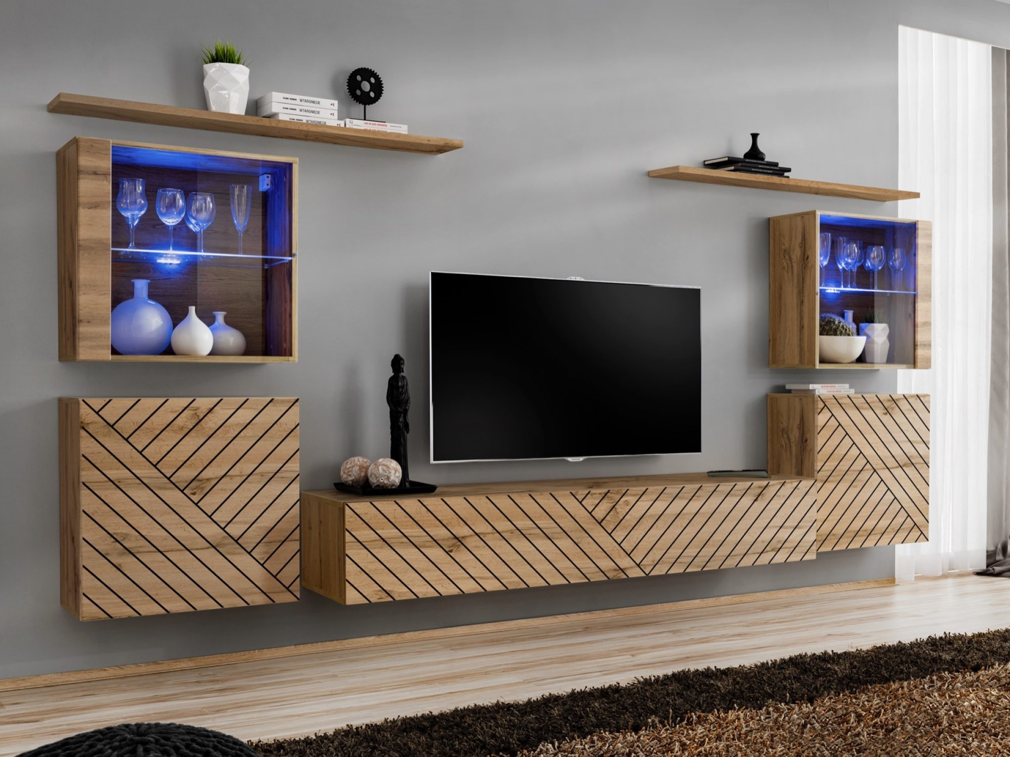 Wohnwand Kelmoro 320 cm mit geriffelten Fronten, 2 Vitrinen und Schränken im Wohnzimmer-Ambiente