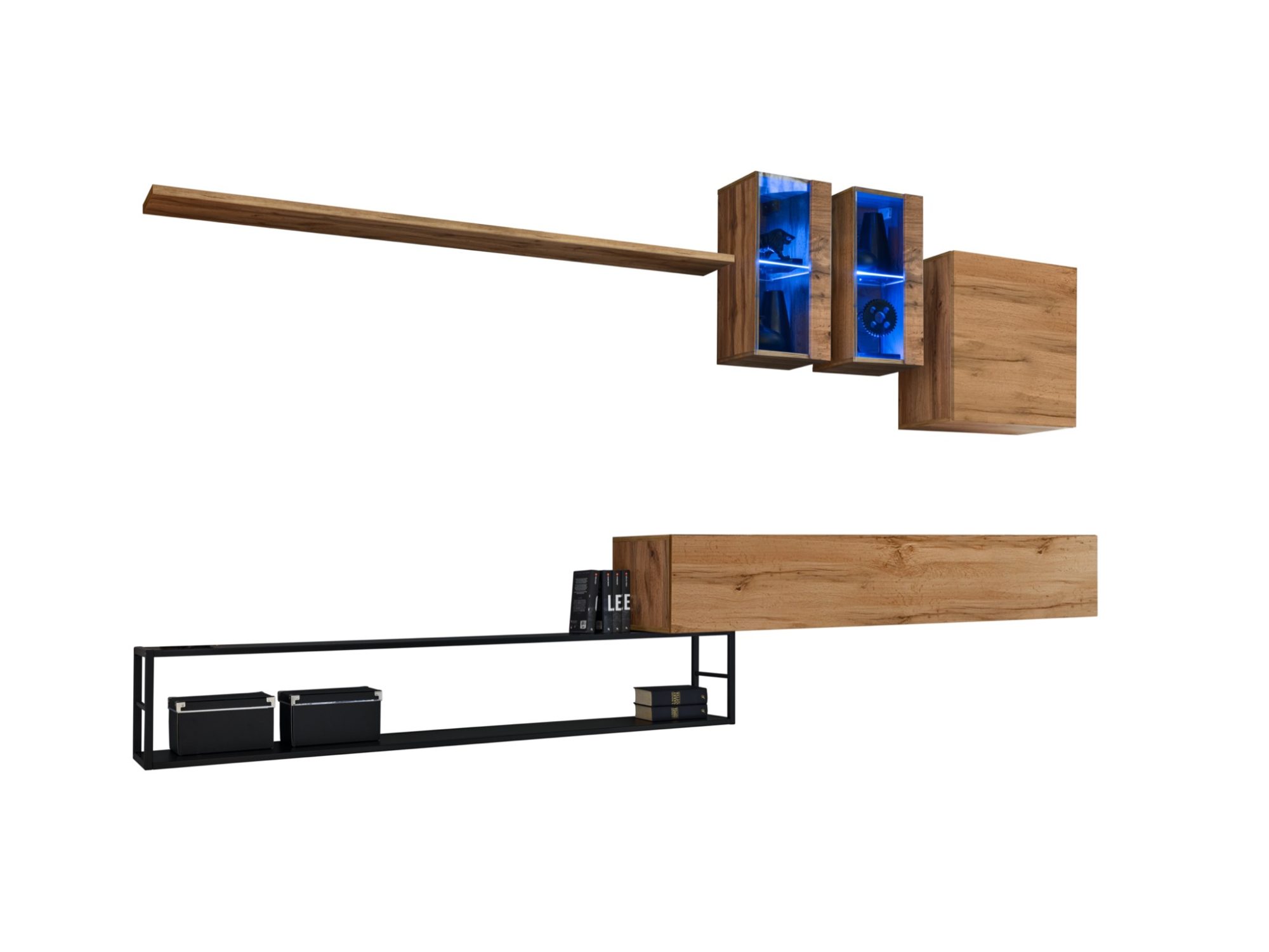 Obývací stěna Kelmoro 330 cm se 2 LED vitrínami a policí na kovovém rámu