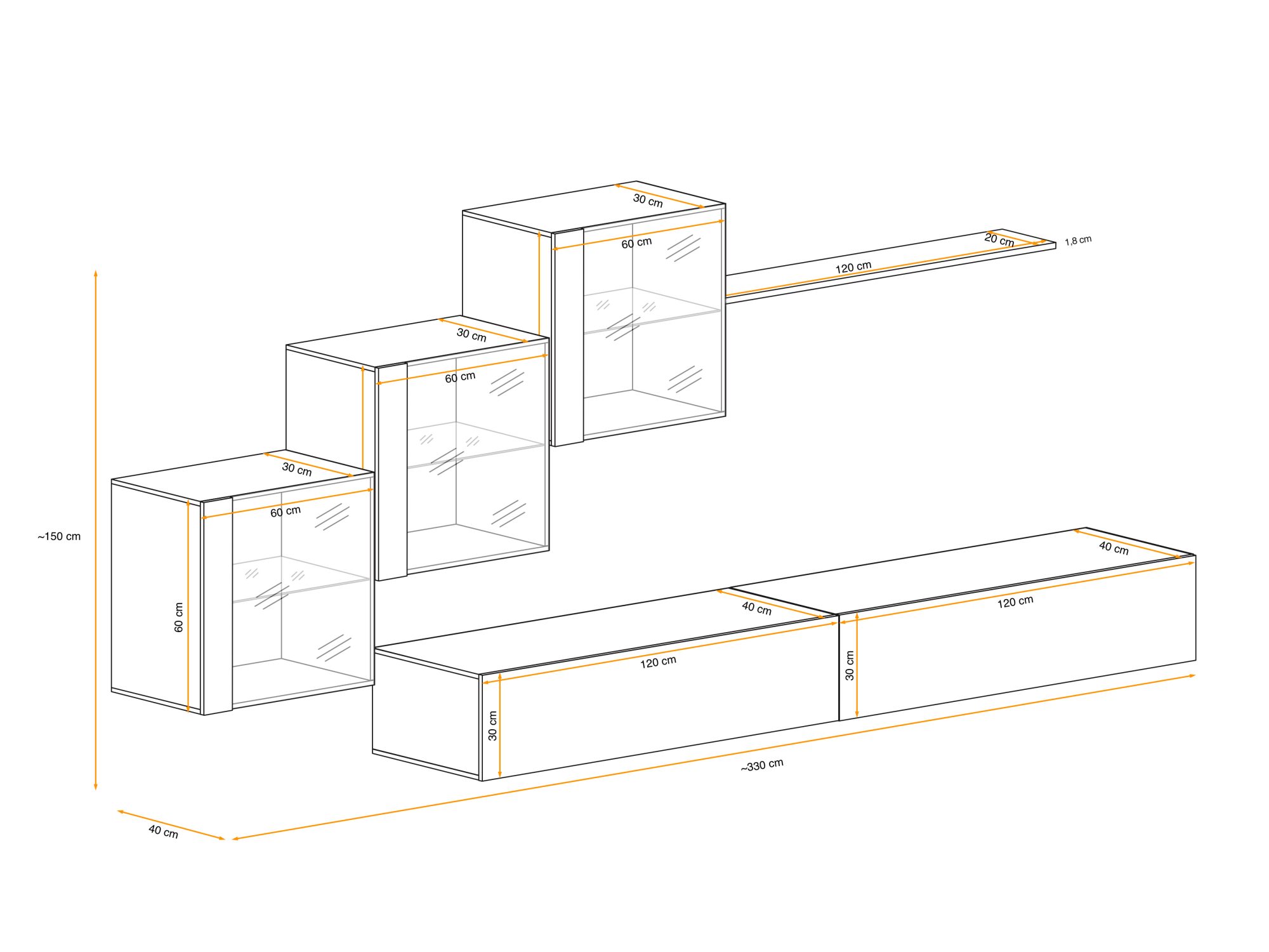 Wohnwand Kelmoro 330 cm mit 3 LED-Vitrinen und 2 TV-Lowboards – Maßskizze, Ansicht 2