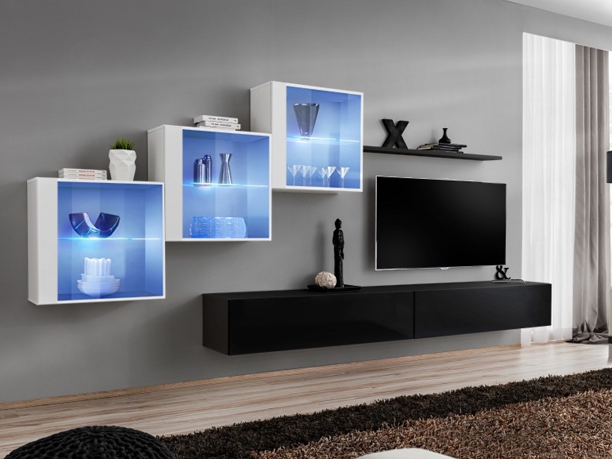 Wohnwand Kelmoro 330 cm mit 3 LED-Vitrinen und 2 TV-Lowboards