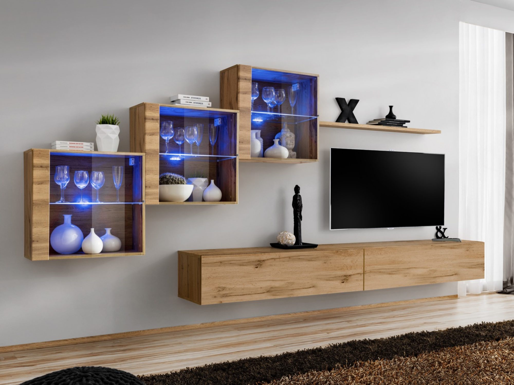 Wohnwand Kelmoro 330 cm mit 3 LED-Vitrinen und 2 TV-Lowboards