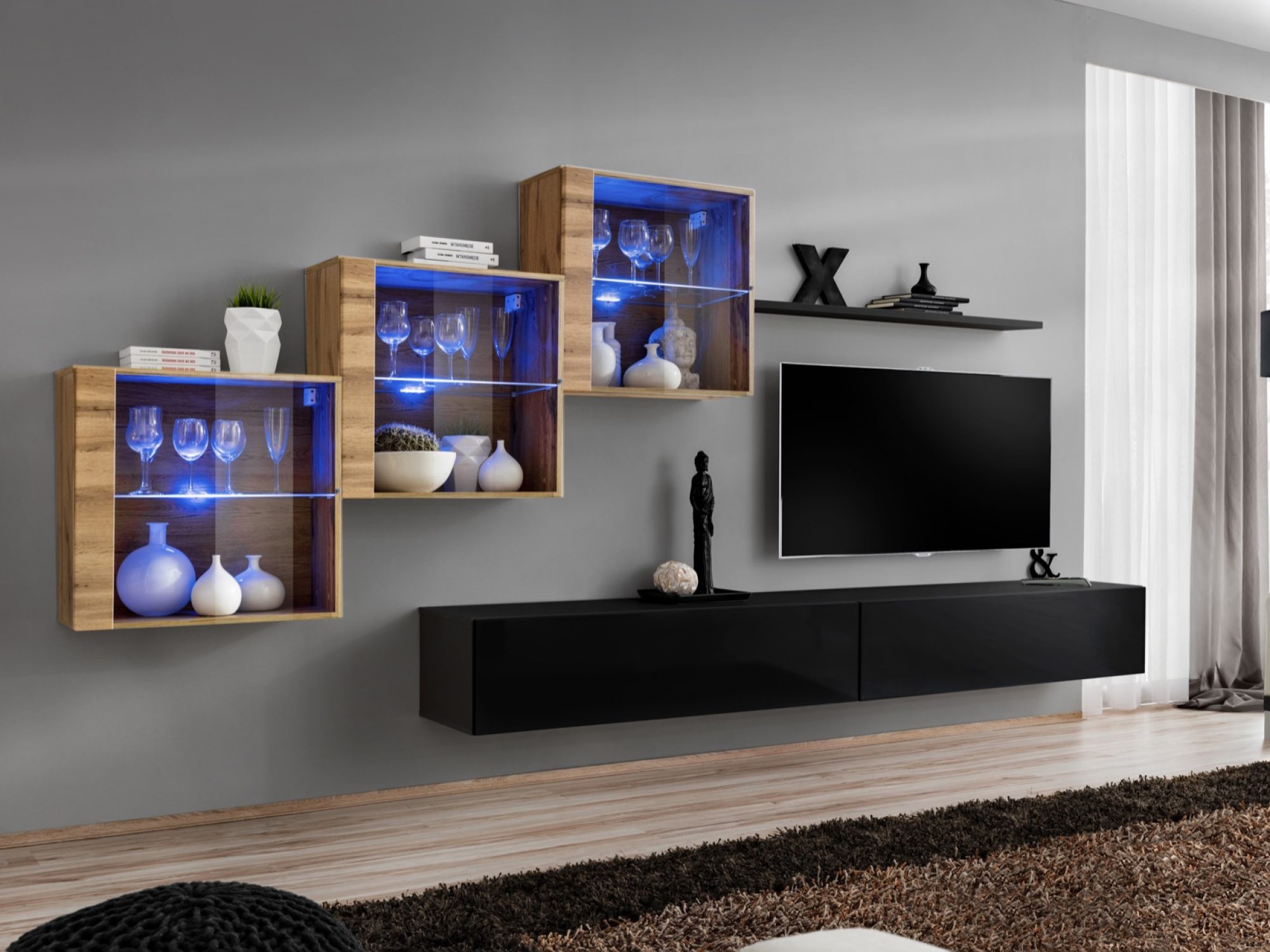 Wohnwand Kelmoro 330 cm mit 3 LED-Vitrinen und 2 TV-Lowboards