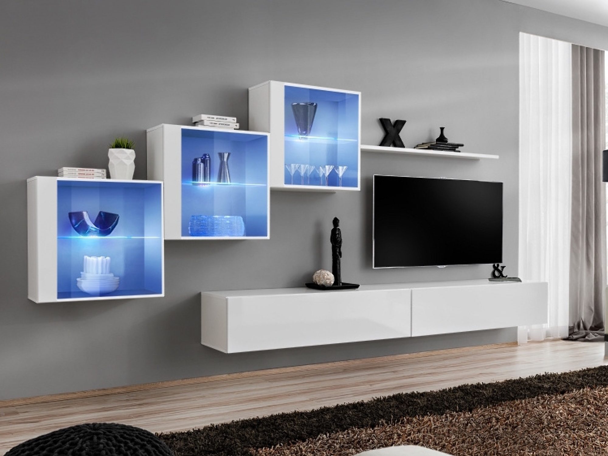 Wohnwand Kelmoro 330 cm mit 3 LED-Vitrinen und 2 TV-Lowboards im Wohnzimmer