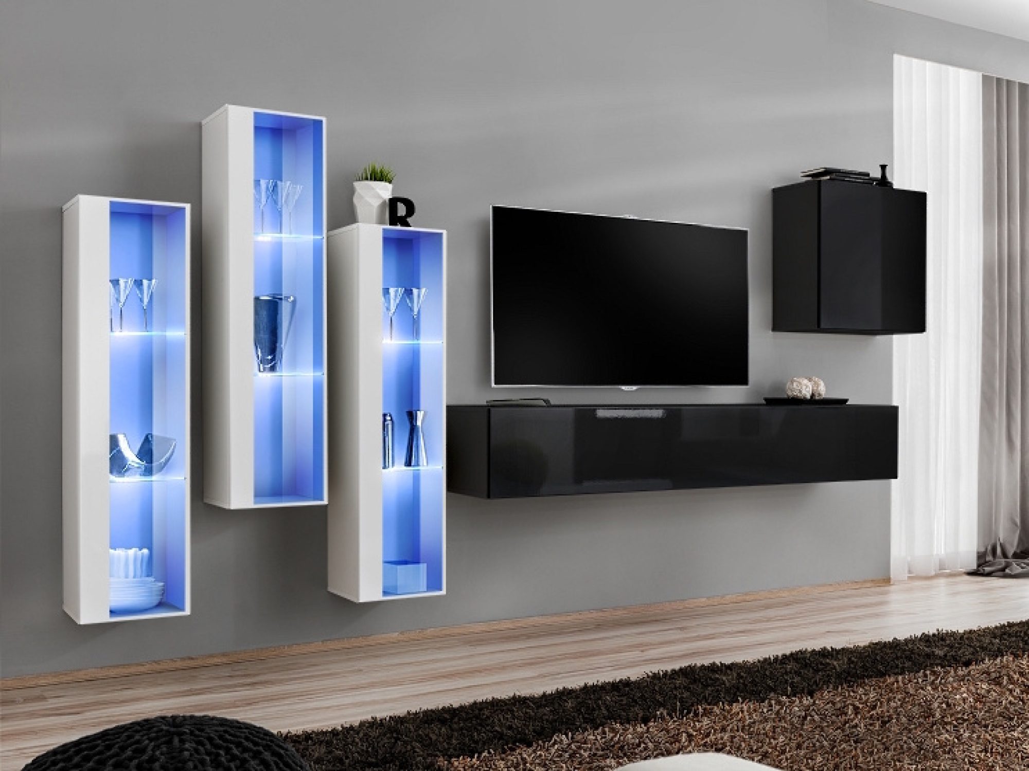 Wohnwand Kelmoro 330 cm mit 3 hohen LED-Vitrinen