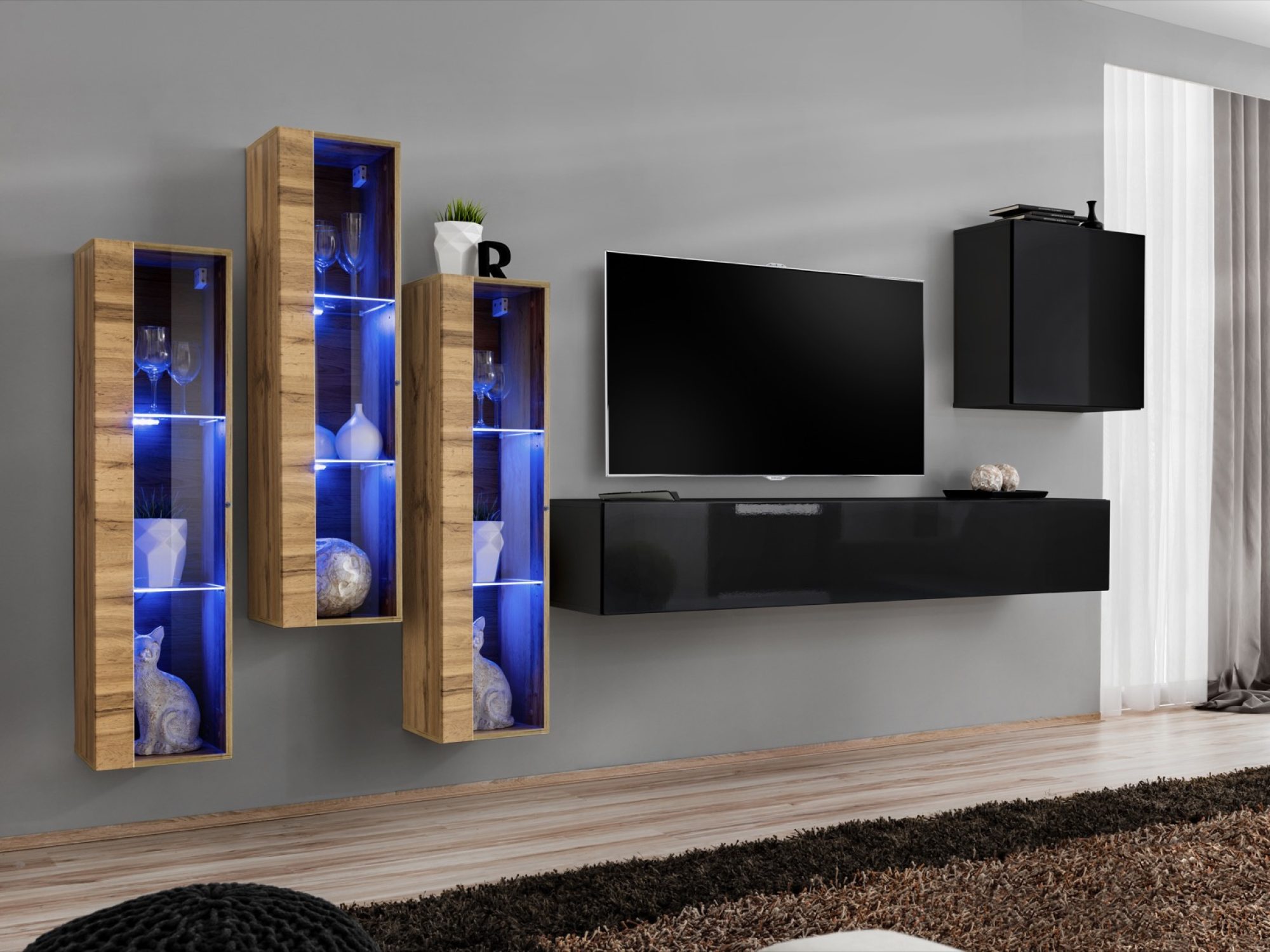 Wohnwand Kelmoro 330 cm mit 3 hohen LED-Vitrinen