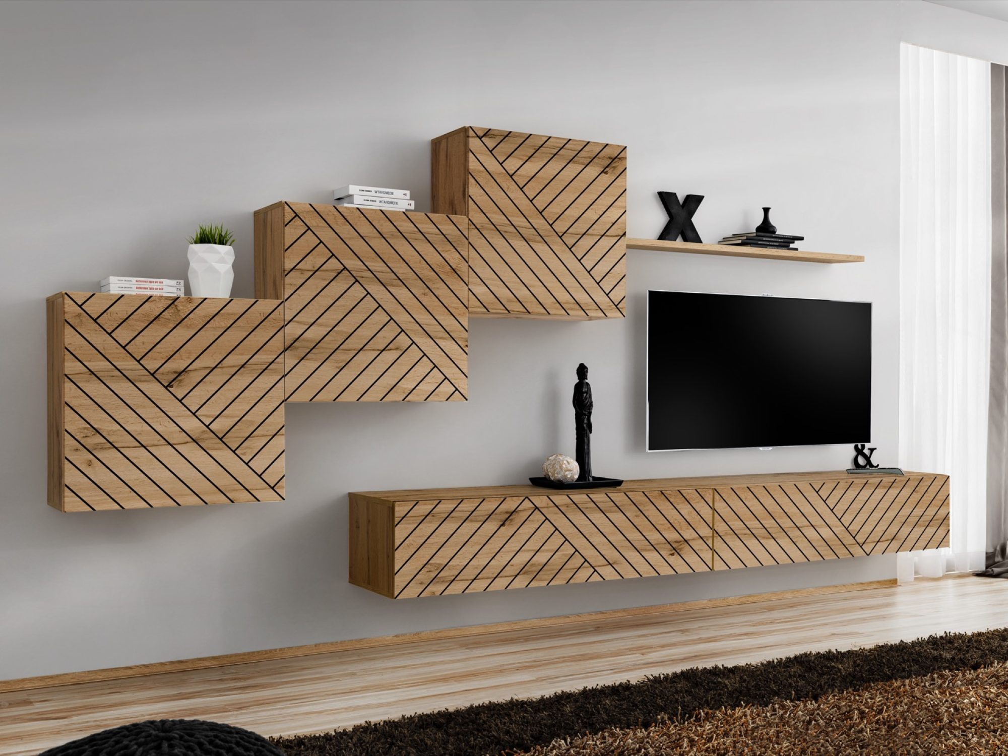 Wohnwand Kelmoro 330 cm mit Rillenfronten, 3 Schränken und 2 TV-Lowboards im Wohnzimmer